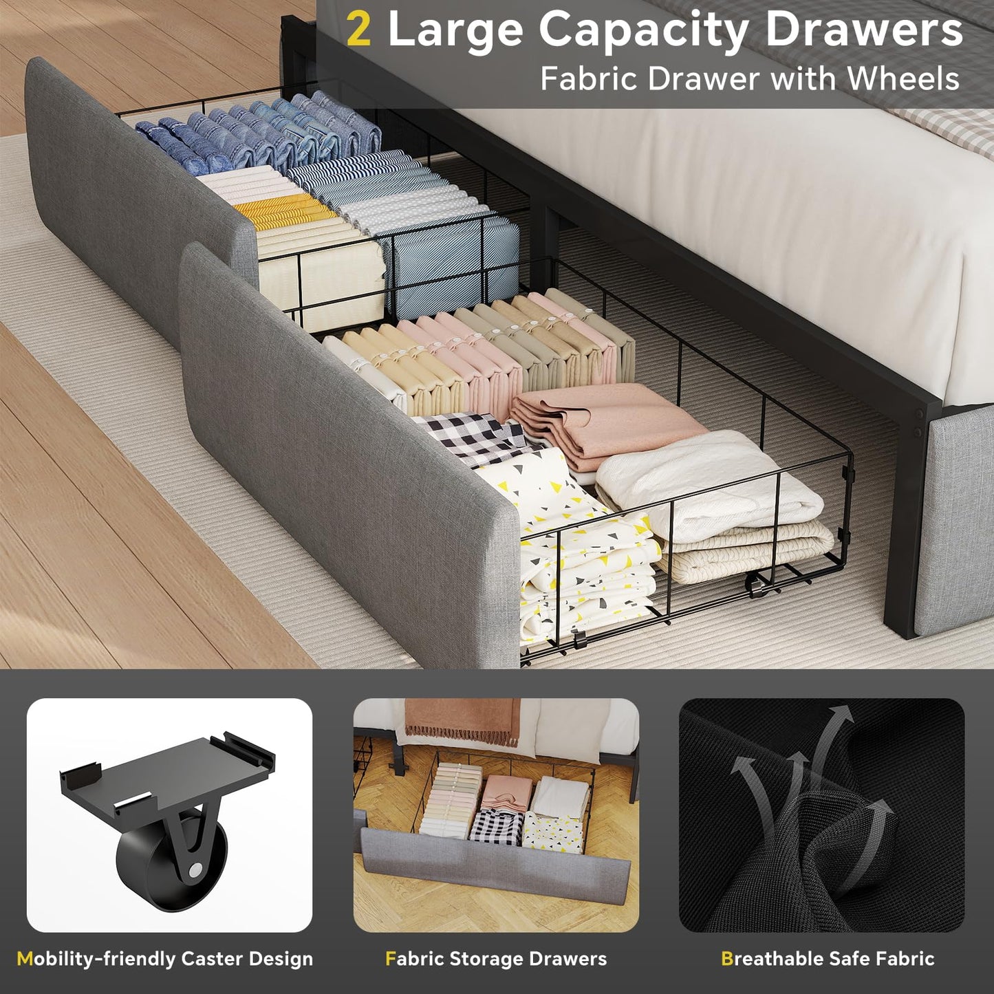 SADENICEL Full Size Bed Frame with Storage Headboard and 2 Drawer, Metal Full Bed Frame Platform with LED Light, Charging Station, No Box Spring Needed, Noise Free, Easy Assembly, Grey