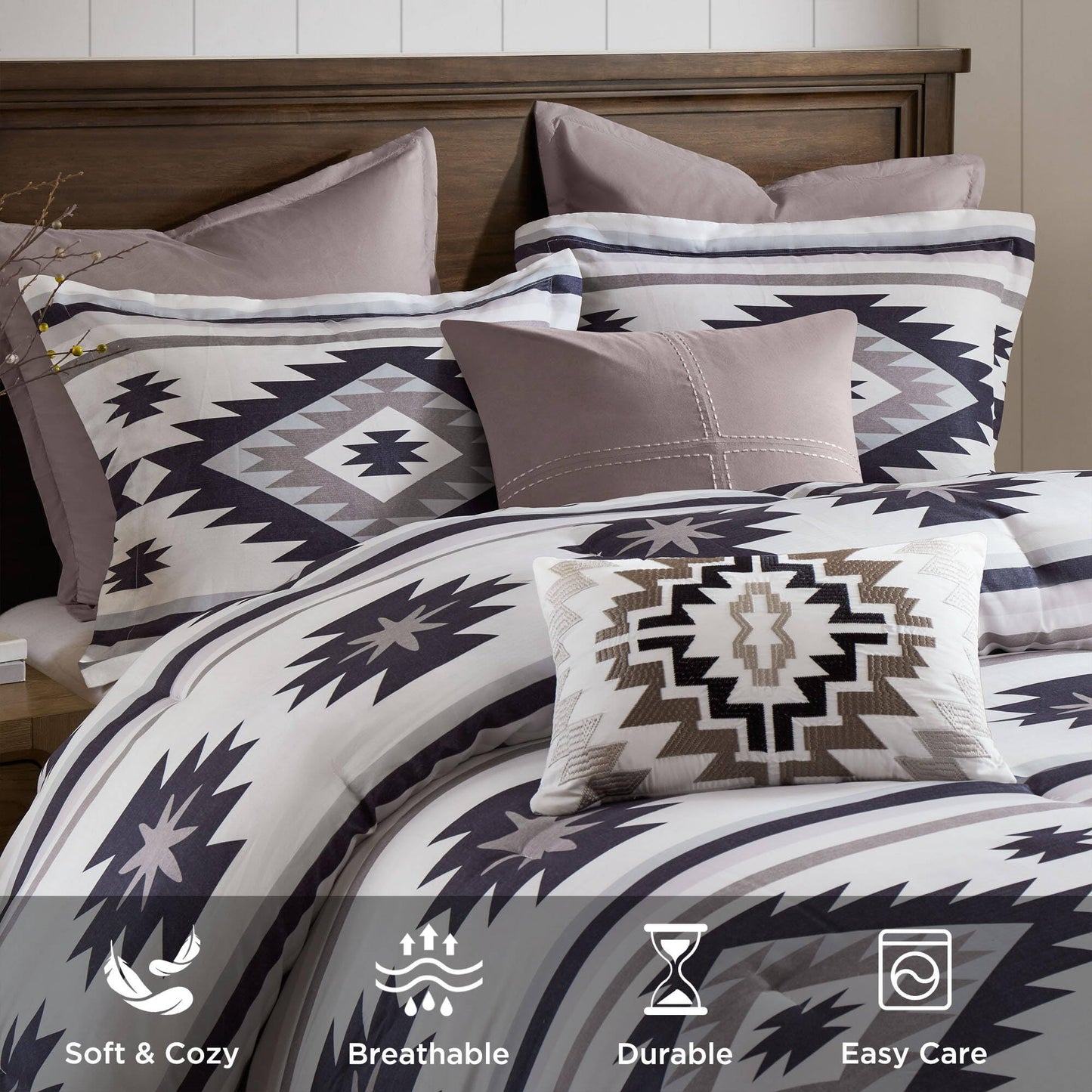 Woolrich Queen Comforter Set, Southwestern Aztec 8 Piece Bedding Set, Peached Herringbone Comforter, 300GSM All Season Down Alternative, Rustic Lodge Style Bedskirt, Euro Shams & Pillows, Taupe