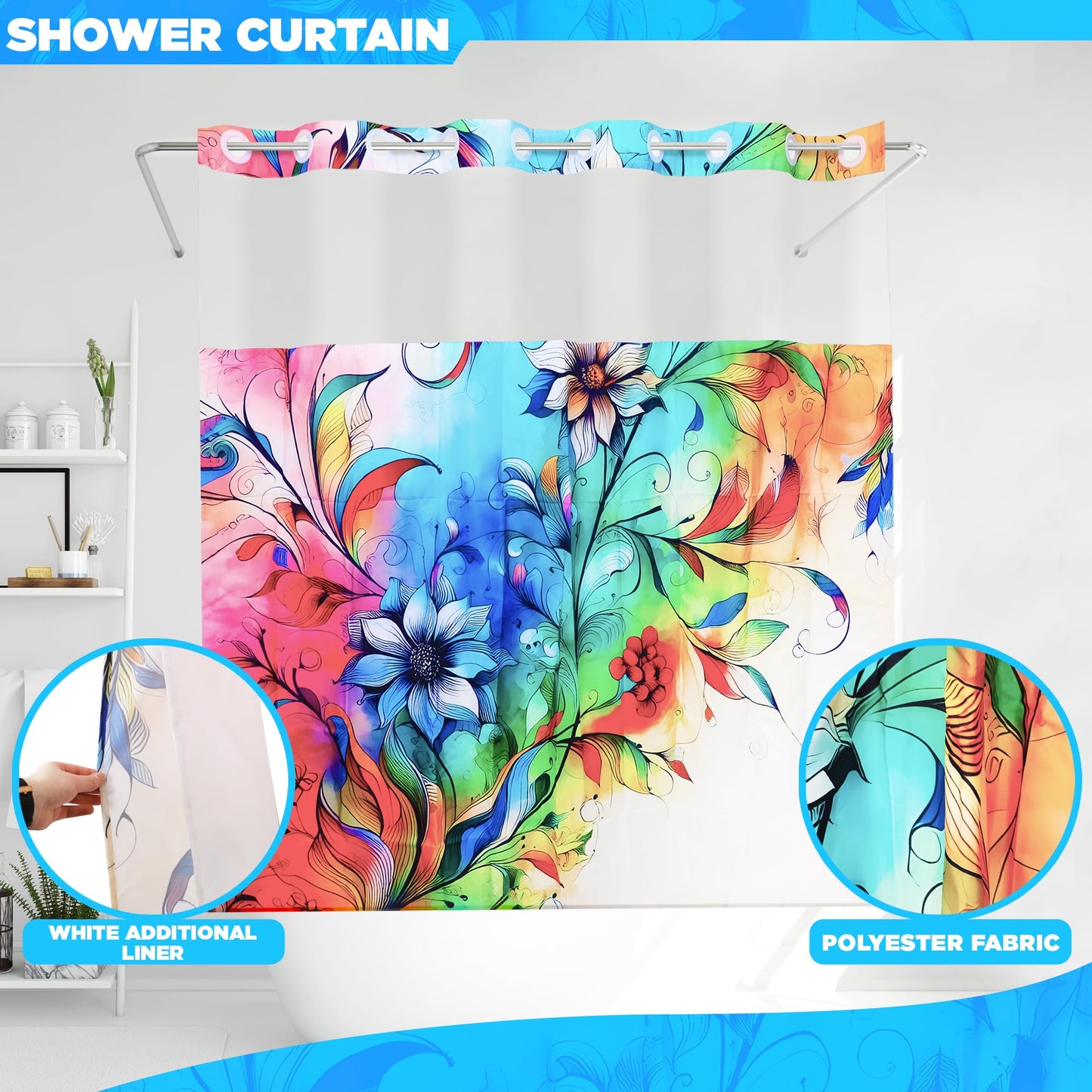 ShowerGeek Hookless Boho Floral Shower Curtain with Snap-in Liner Set, Vibrant Watercolor Fabric, See Through Sheer Window, Washable, 3 Magnet Weights, No Hook, Waterproof, Farmhouse - Standard Size