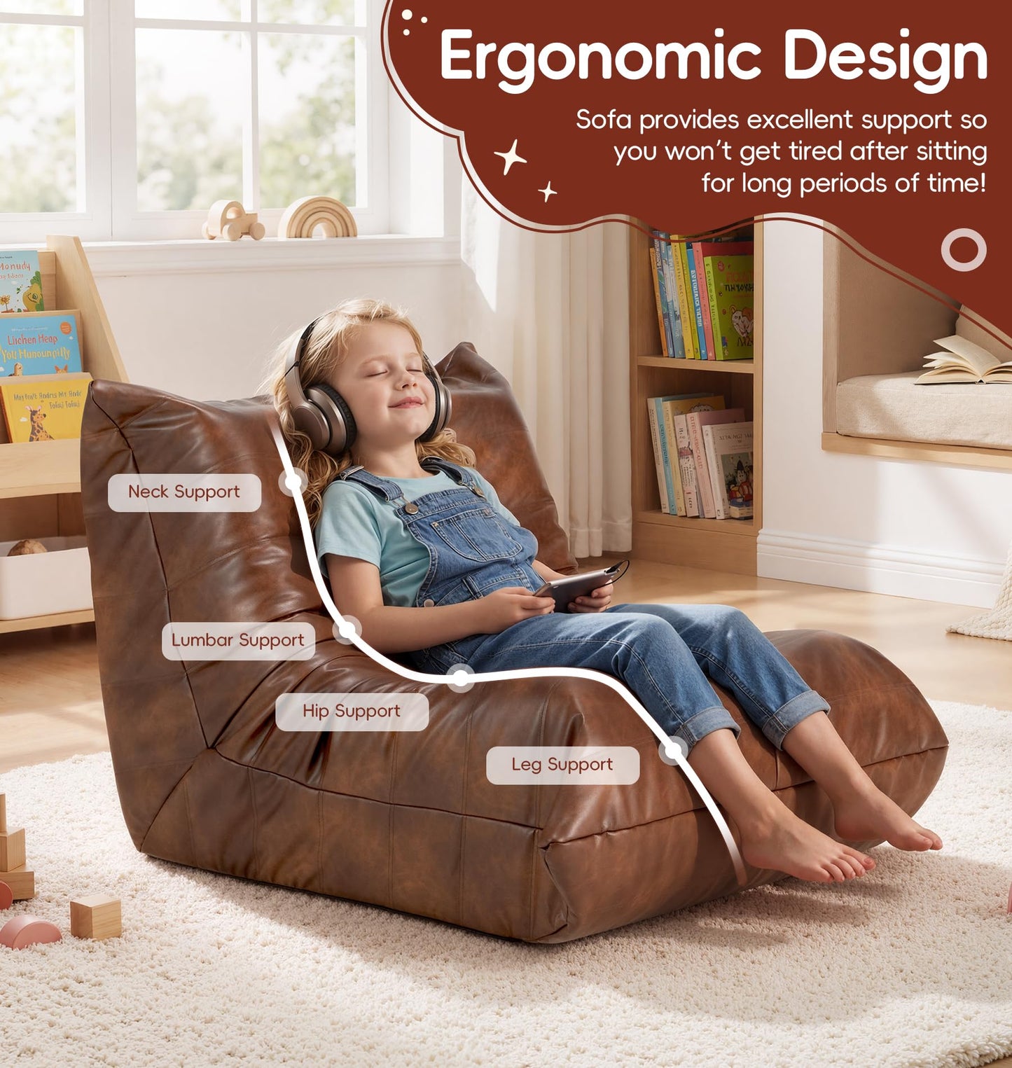 Hobestluk Bean Bag Chair for Kids Toddler Bean Bag Chair with Memory Foam Filler Leather Beanbag with Spacious Design Bean Bag Couch for Reading Gaming Relaxing (Brown, Small)