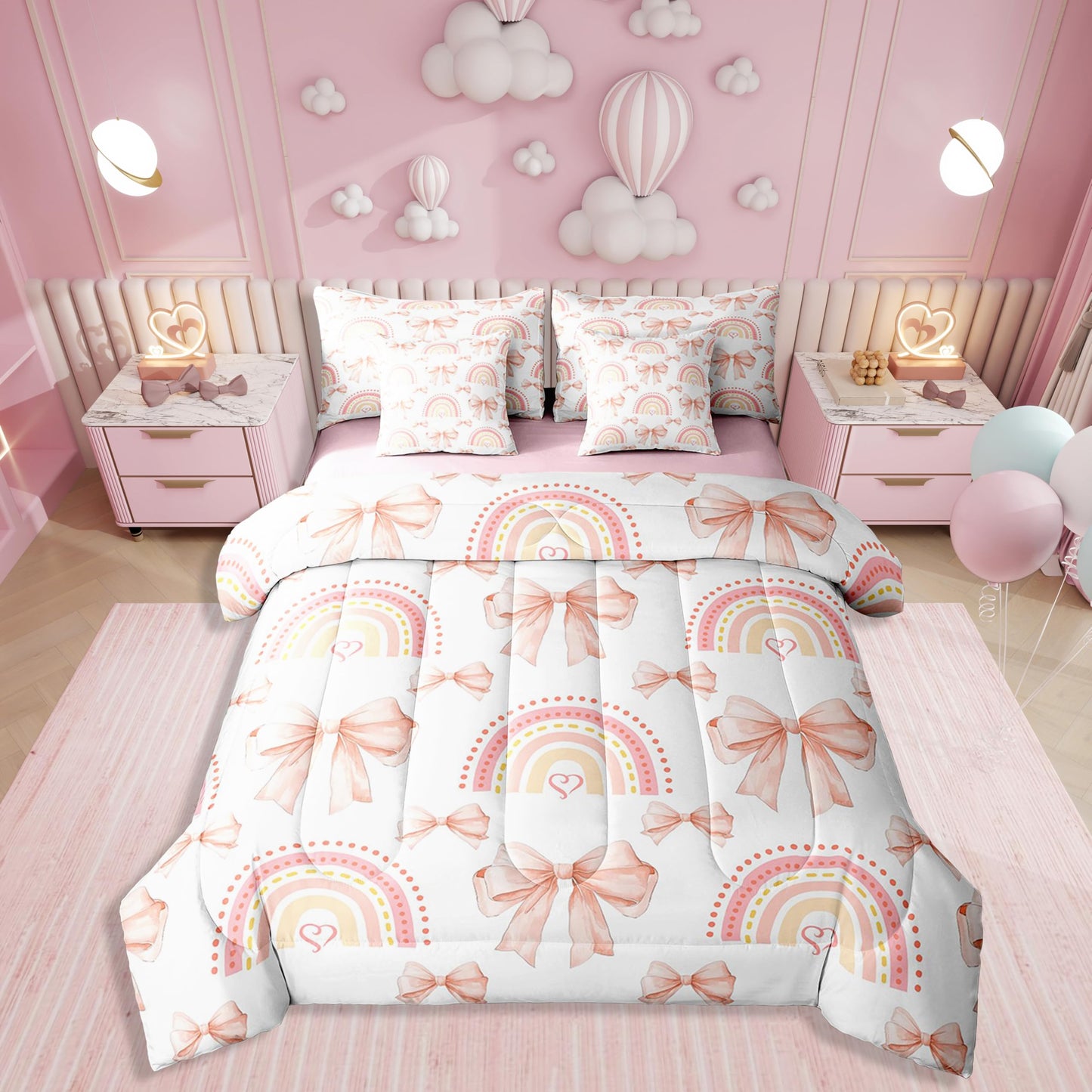 Erosebridal 7 Piece Rainbow Bowknot Bedding Set for Teens,Dreamy Princess Style Kids Girls Comforter Set King Bed in a Bag,Romantic Valentine Day Sheet Set,Bow Tie Heart Shaped Duvet Insert