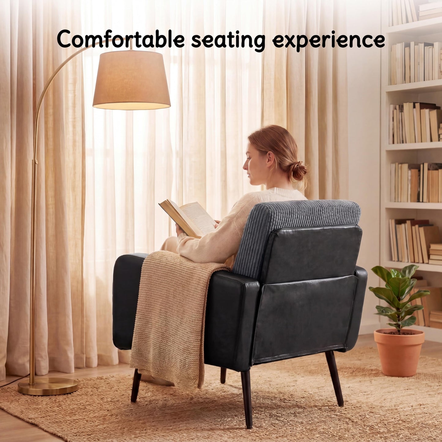 Accent Chair for Living Room armchair,Comfy Upholstered Modern armchair, Vintage Reading Chair, Versatile Sitting Chair with Metal Legs for Living Room Bedroom Office Waiting Room Study (Grey&Black)