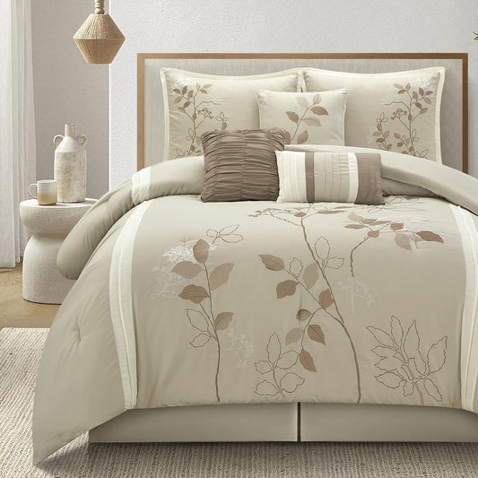 LANCO MODERN LIFESTYLE Beige Queen Comforter Set, 7 Pieces Bed in a Bag, Elegant Floral Leaves Embroidery, Soft and Lightweight All Seasons Bedding Set, Bedskirt, Pillow Shams, Decor Pillows