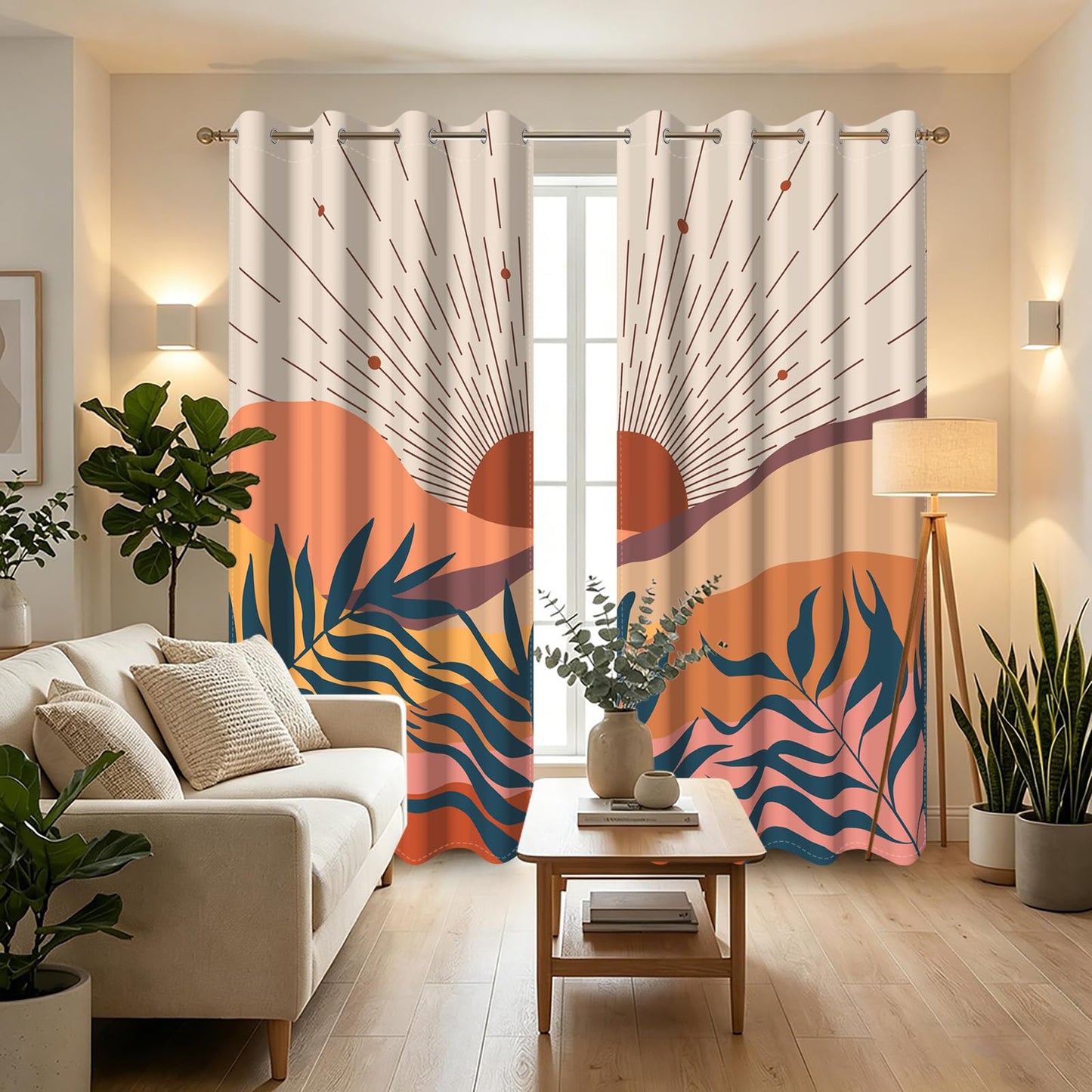 Ruelvth Mid Century Boho Blackout Curtains, Abstract Sunrise Mountain Window Curtains for Living Room Terracotta Rustic Room Darkening Grommet Curtains 53x84 Inch, 2 Panels