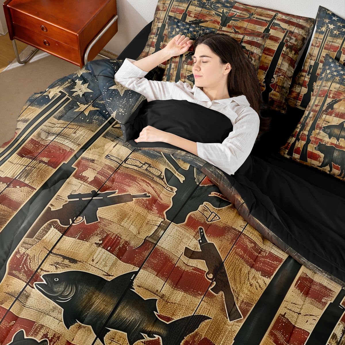 Erosebridal Shotgun 7 Piece Bedding Set Queen American Flag Comforter Set with Sheets Bear Bass Deer Head Hunting Theme Bed in a Bag Board Stars Print Red Blue for Teens Men Women
