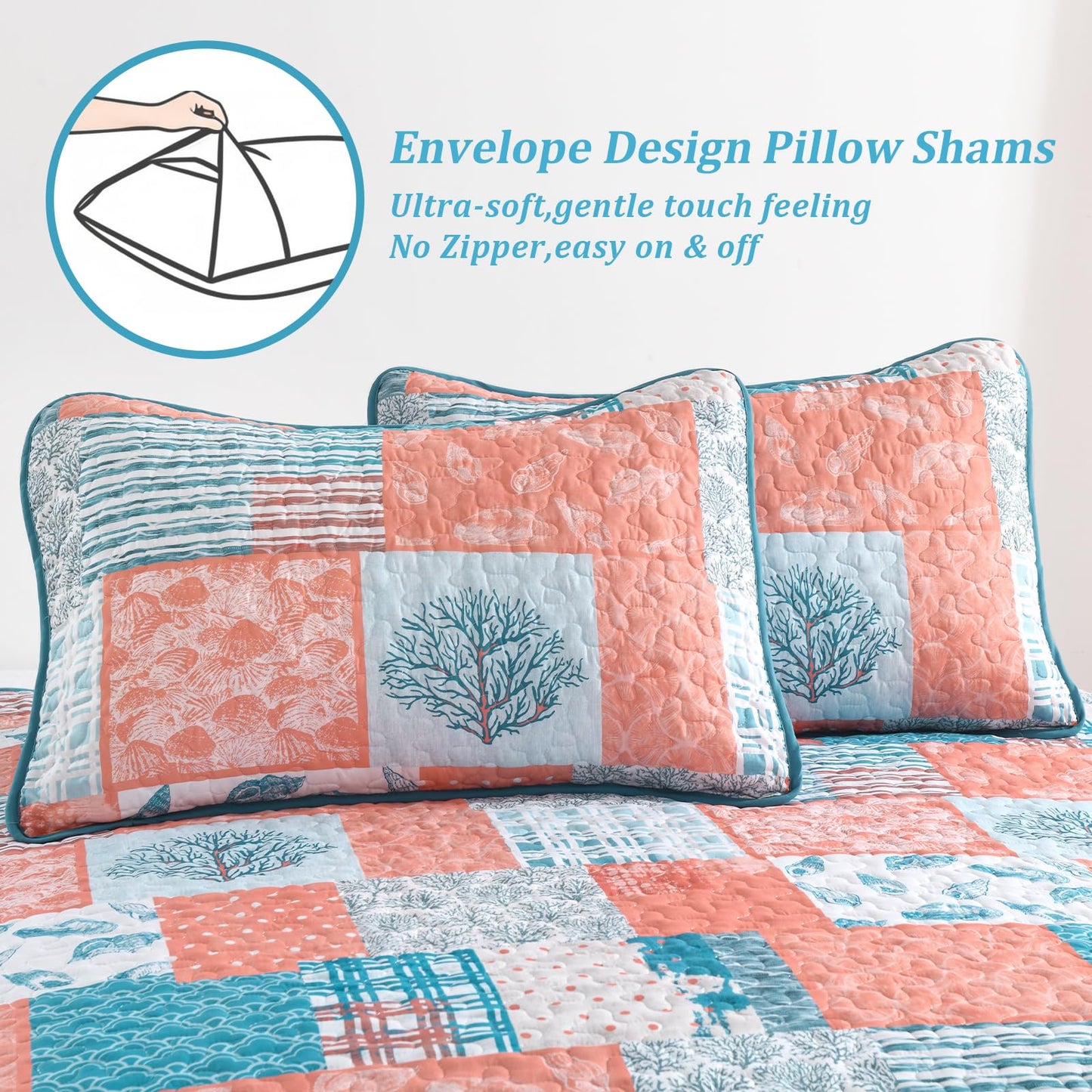 Xruibed Coral Pink Ocean Quilt Set Queen Coastal Beach Theme Quilt Soft Microfiber Bedspread with 2 Pillow Shams Patchwork Beach Bedding Quilt for All Season 90"x96"