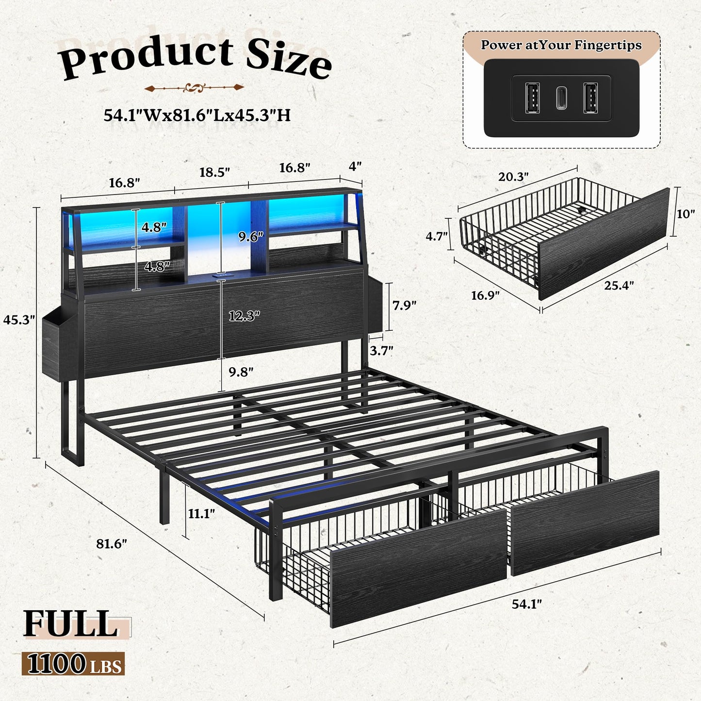Homkdom Full Size Bed Frame with Storage, Full Bed Frame with LED Light and Charging Station,Bed Frame Full with Headboard for Apartment,Guest Room,Black