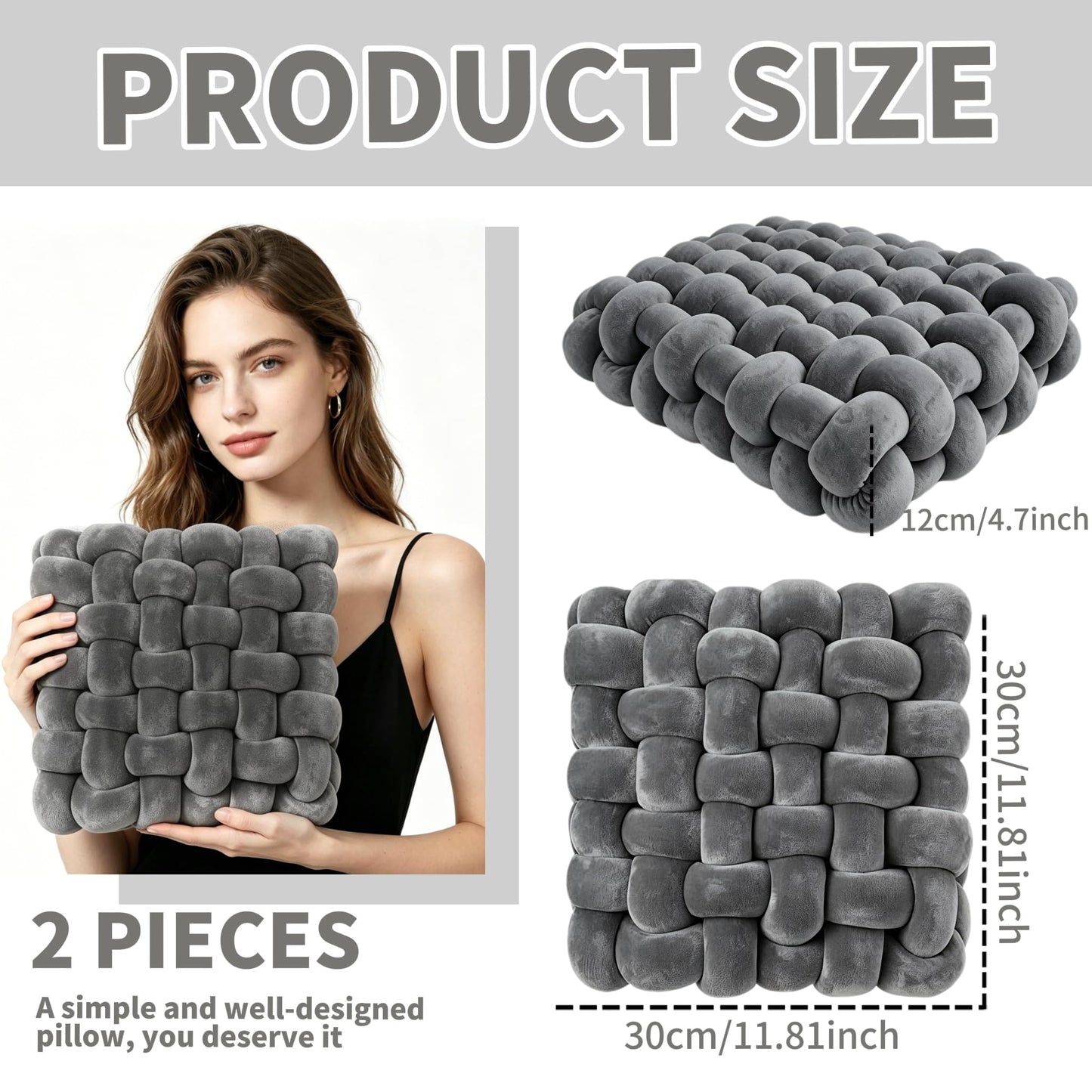 YLBKIKR 2PCS Decorative Knot Throw Pillows for Couch and Sofa, Soft Accent Pillows for Bed and Chair, Modern Home Decor for Living Room, Bedroom, Dorm and Nursery 12 inches * 13 inches (Dark Grey)