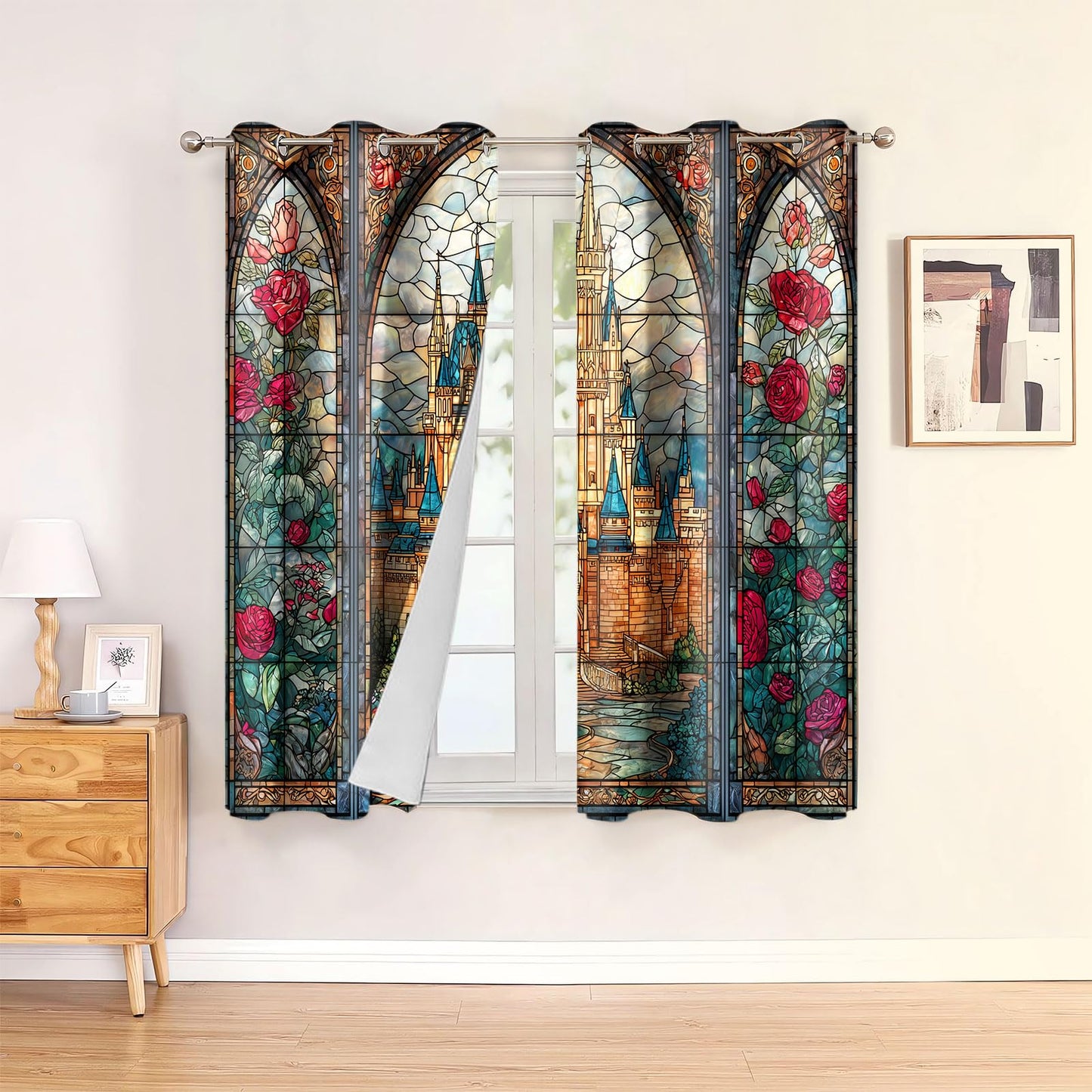 HIYSMT Retro Stained Glass Castle Curtains,4263inch Fairytale Princess Rose Blackout Curtain,Nordic Arched Window Printed Drapes for Girls Women Bedrooms Living Room 2Panels HILC039