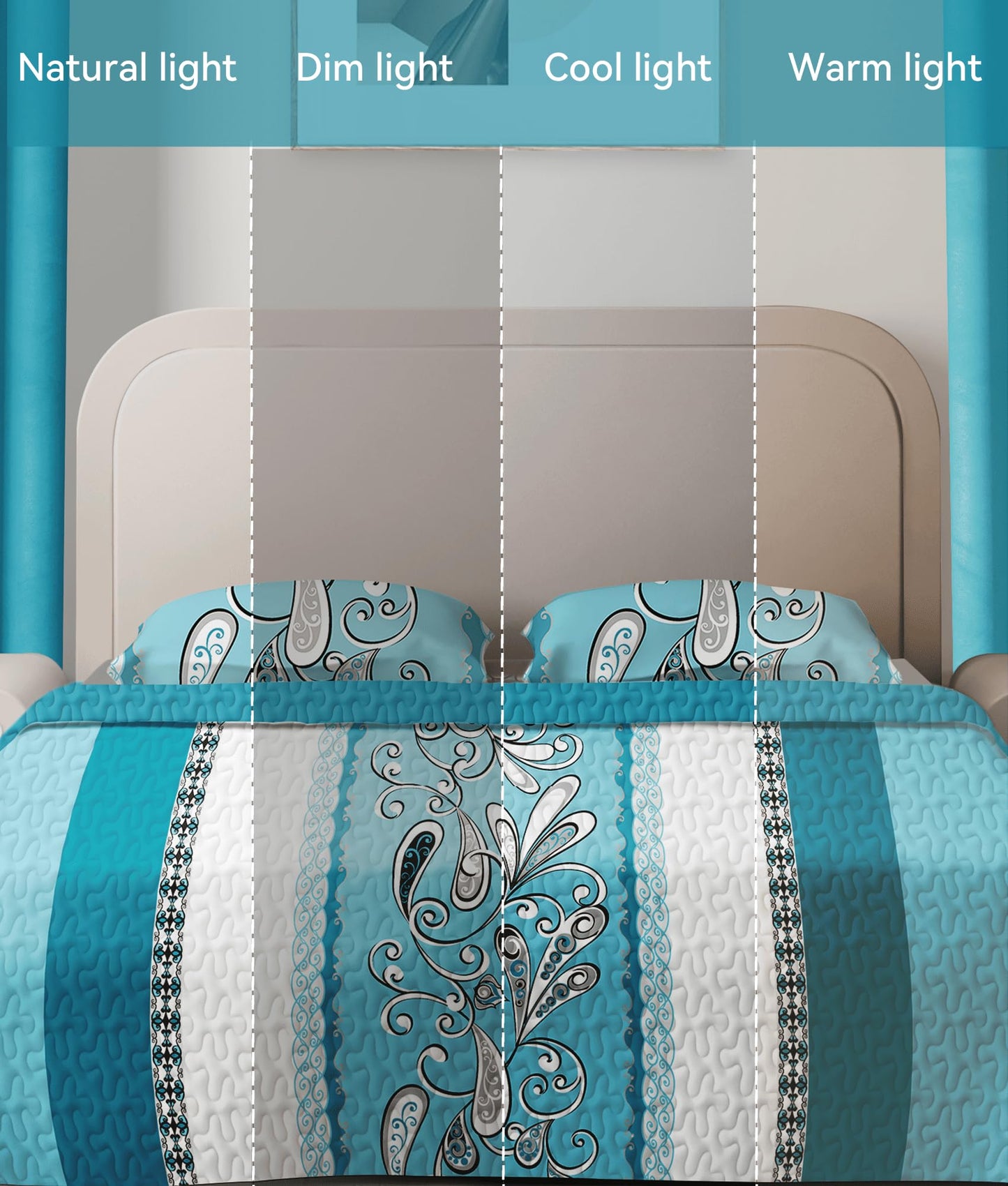 CozyCreatures Vintage Boho Mint Blue King Light Comforter Set, 9-Piece Bed in a Bag with Curtains, Brushed Microfiber Bedspread Set with Matching Curtains for Master Bedroom, Machine Washable