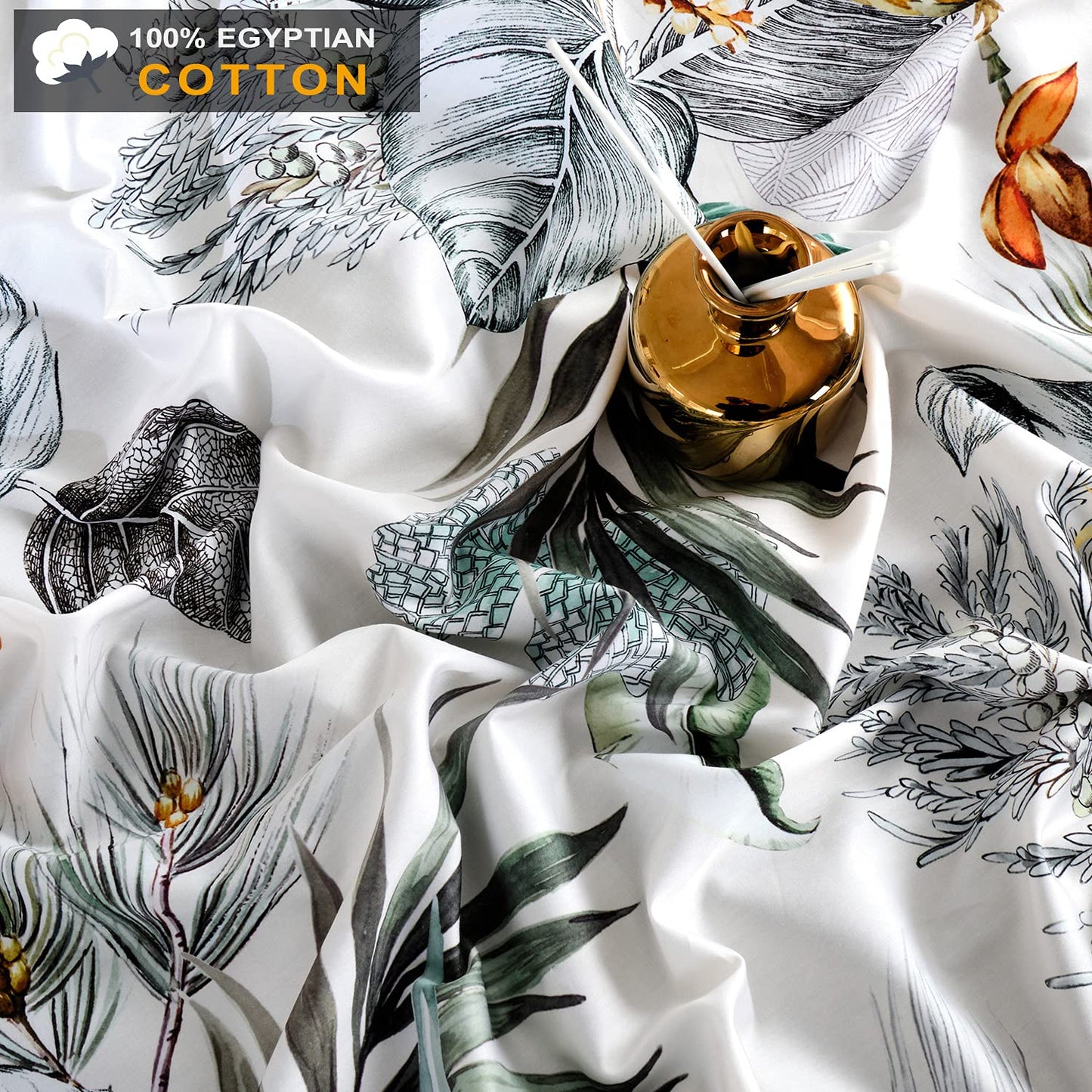 MILDLY 100% Long Staple Cotton King Duvet Cover 3 Pieces Set Summer Tropical Plantain and Floral Pattern Comforter Cover Set