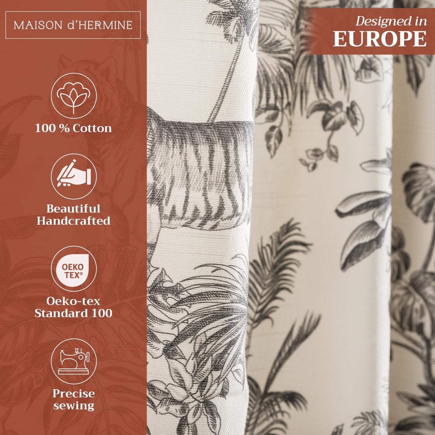 Maison d' Hermine Curtains for Living Room 100% Cotton 96 inch Length One Panel Light Filtering Toile Curtains for Bedroom Windows with Rod and Loop Pockets Drapes (Savana Jouy Black, 50" W x 96" L)