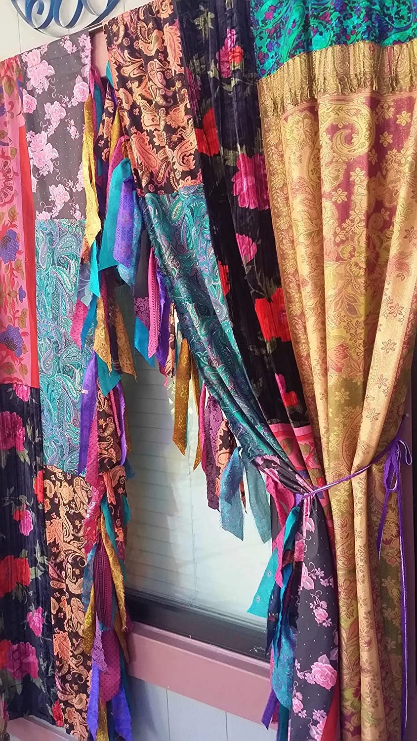 EthinicCraftHub® 2 PCS Indian Silk Saree Curtain Window Treatments Boho Gypsy Hippy Bohemian Wall Hanging Hippy Room Decor Curtain