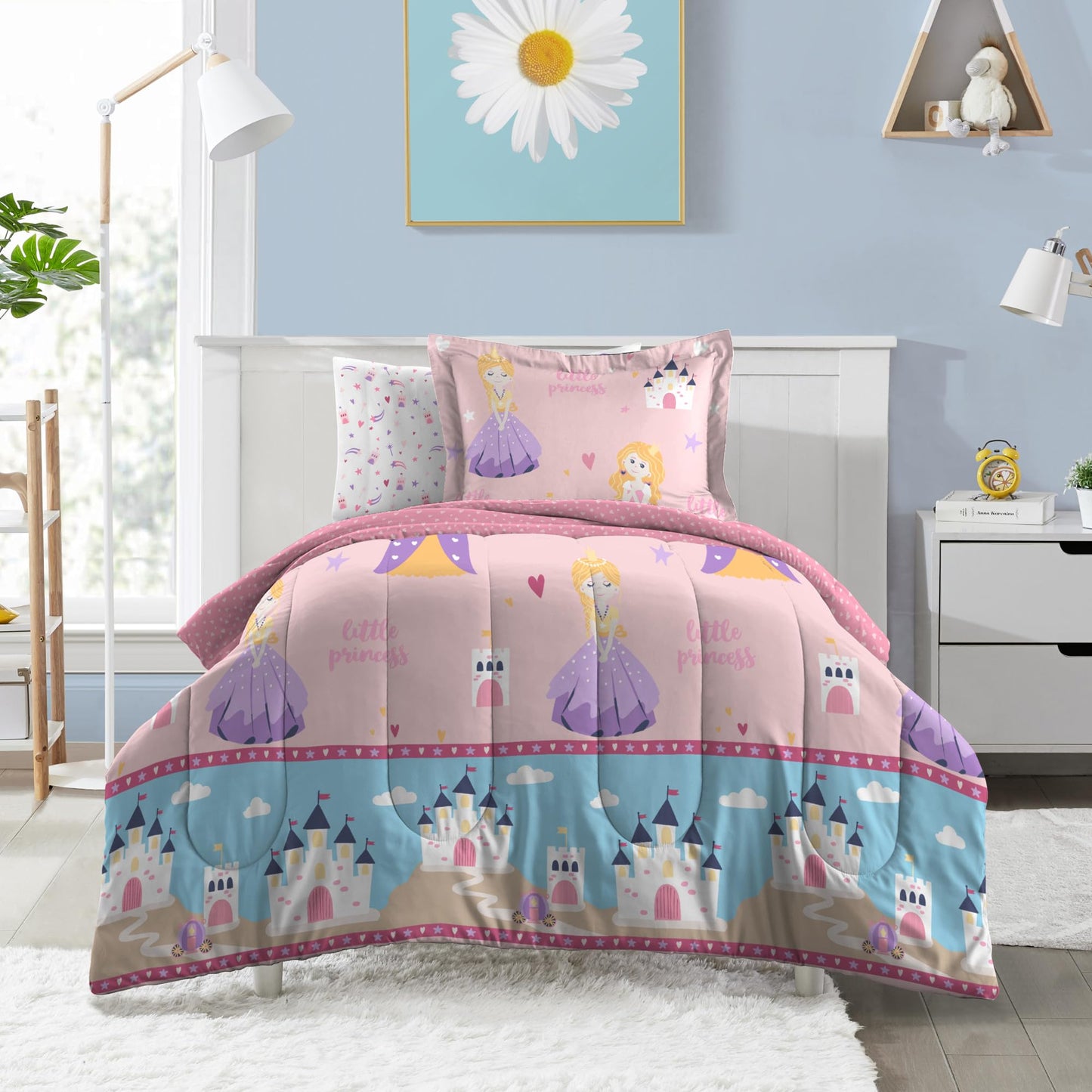 Dream Factory Kids 5-Piece Complete Bed Set Easy-Wash Super Soft Microfiber Comforter Bedding, Twin, Pink Little Princess
