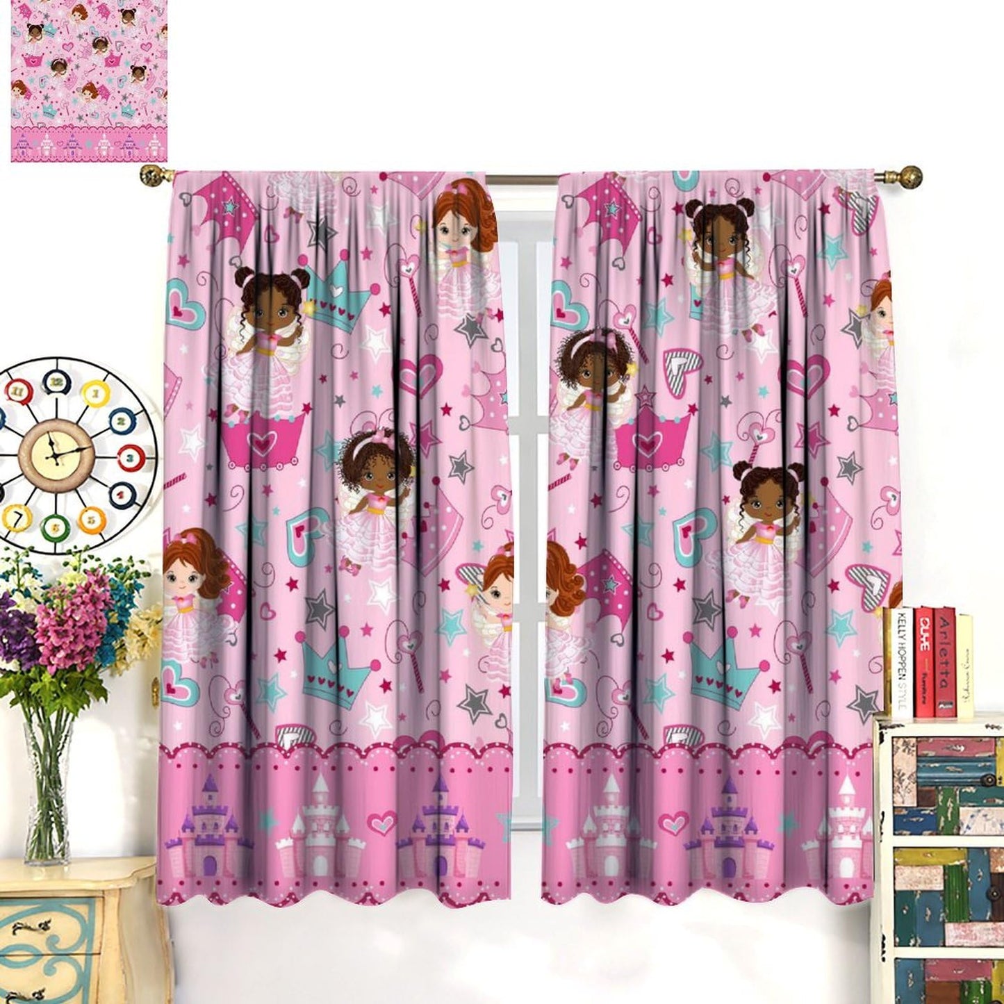 AAVEUP Kids Black Girls Curtains,Cartoon Pink Fantasy Magic Princess Castle Star Love African American Black Girl Window Treatments Drapes for Girls Living Room Bedroom 42x45in（No Blackout）