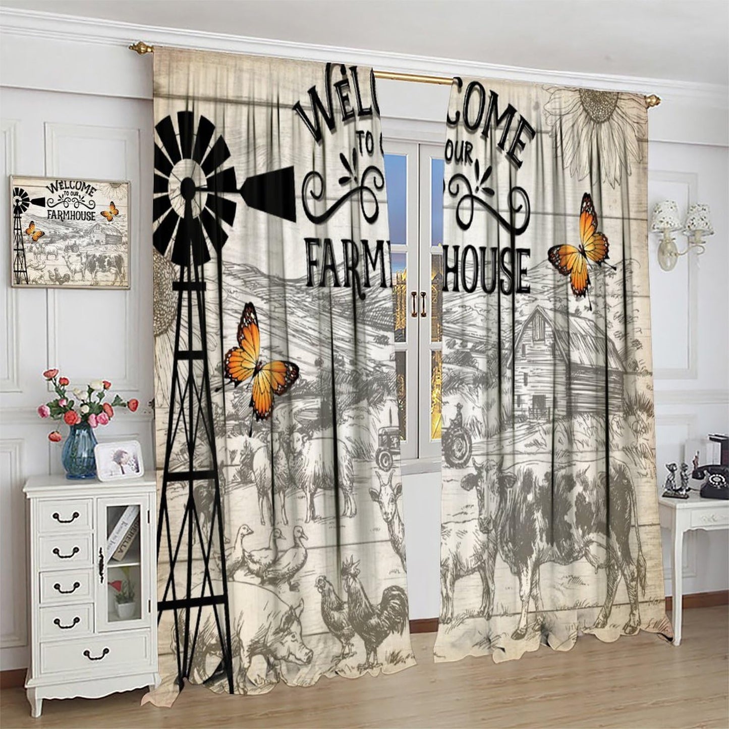FAOTELY Rustic Farmhouse Curtain Retro Wooden Windmill Straw Bale Cattle Butterfly Animals Pattern Window Drapes for Living Room Bedroom Kitchen Cafe （W20xL45 Inch） x2 Decor