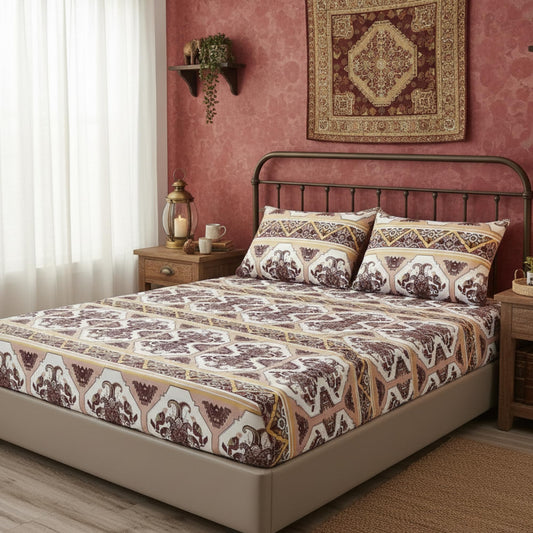 DaDa Bedding Farmhouse Bohemian Fitted Sheet - w/Pillow Cases Tribal Persian Filigree Majestic Rustic Kilim Traditional Design Intricate Ornate Vintage Pink Brown - Twin - 2-Pieces