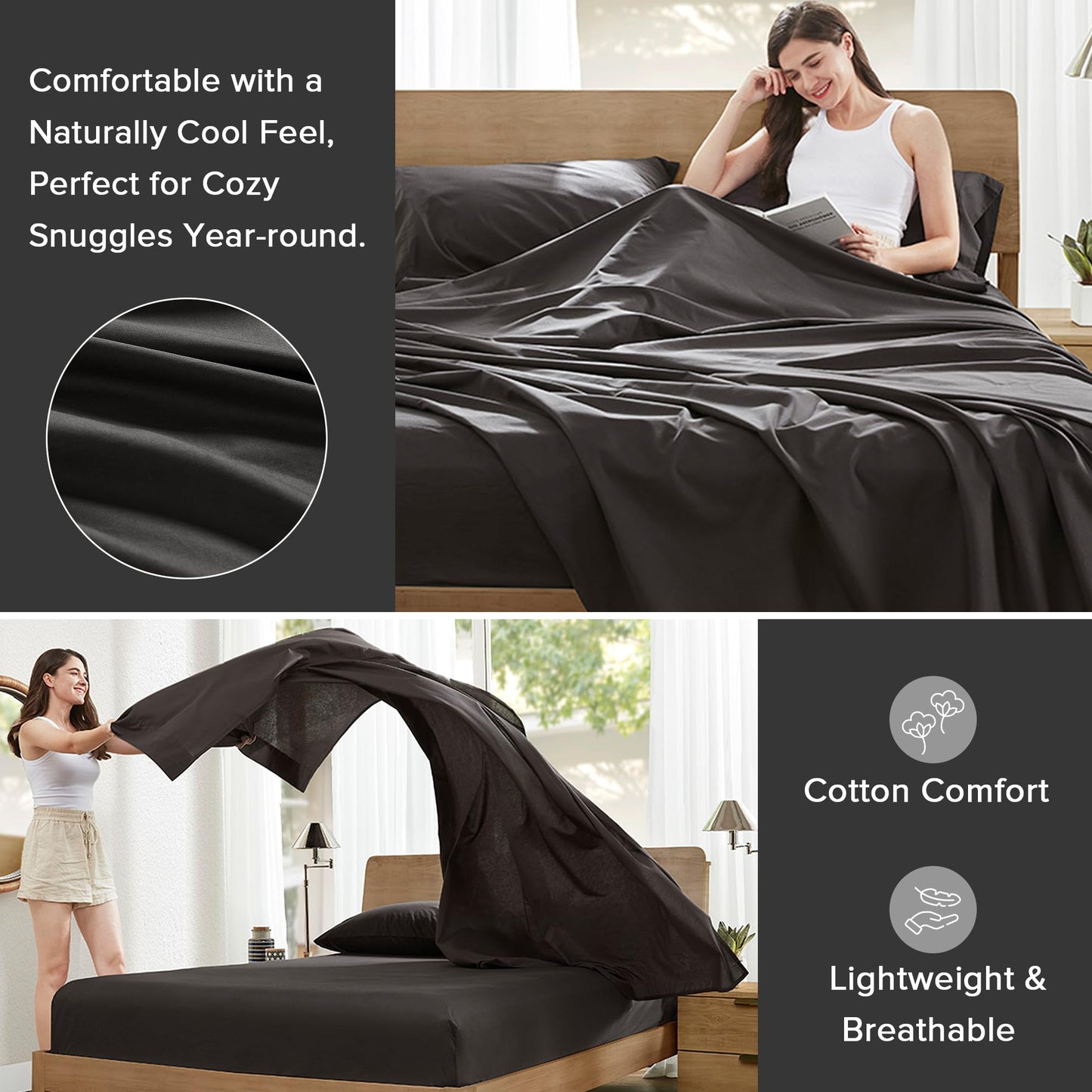 Comfort Spaces 100% Cotton Sheets Twin XL, Breathable & Ultra Soft Cotton Sheets, Naturally Cool Cotton Bed Sheets with 12" Elastic Pocket Fits up to 14" Mattress, All Season Sheet Set, Black, 3 Piece