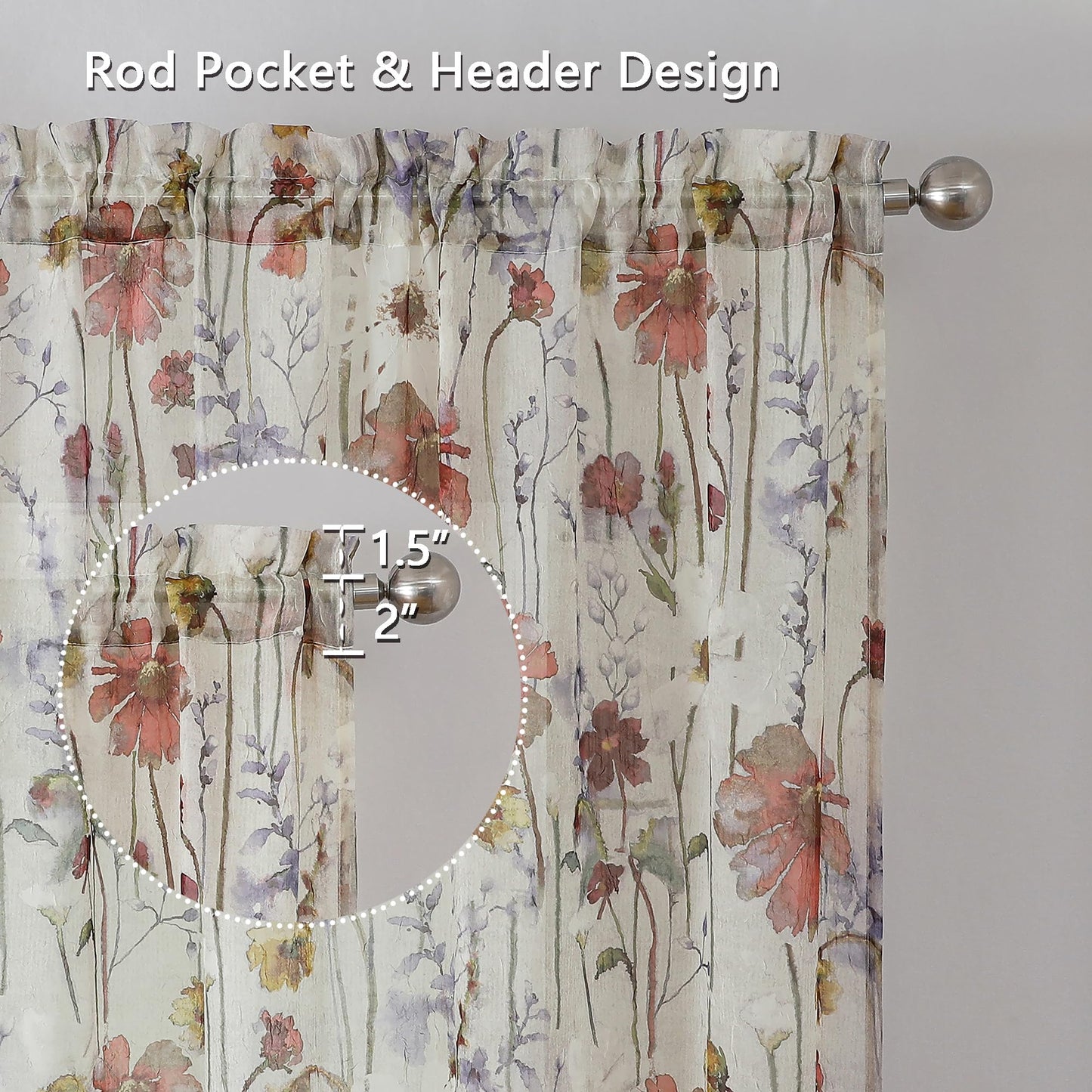 OWENIE Crushed Sheer Curtains 84 Inches Long 2 Panels Set, Sheer Floral Curtains Printed Drapes on Sheers for Living Room Bedroom, Rod Pocket Light Filtering Window Sheers (2 Panels, 51" x 84")