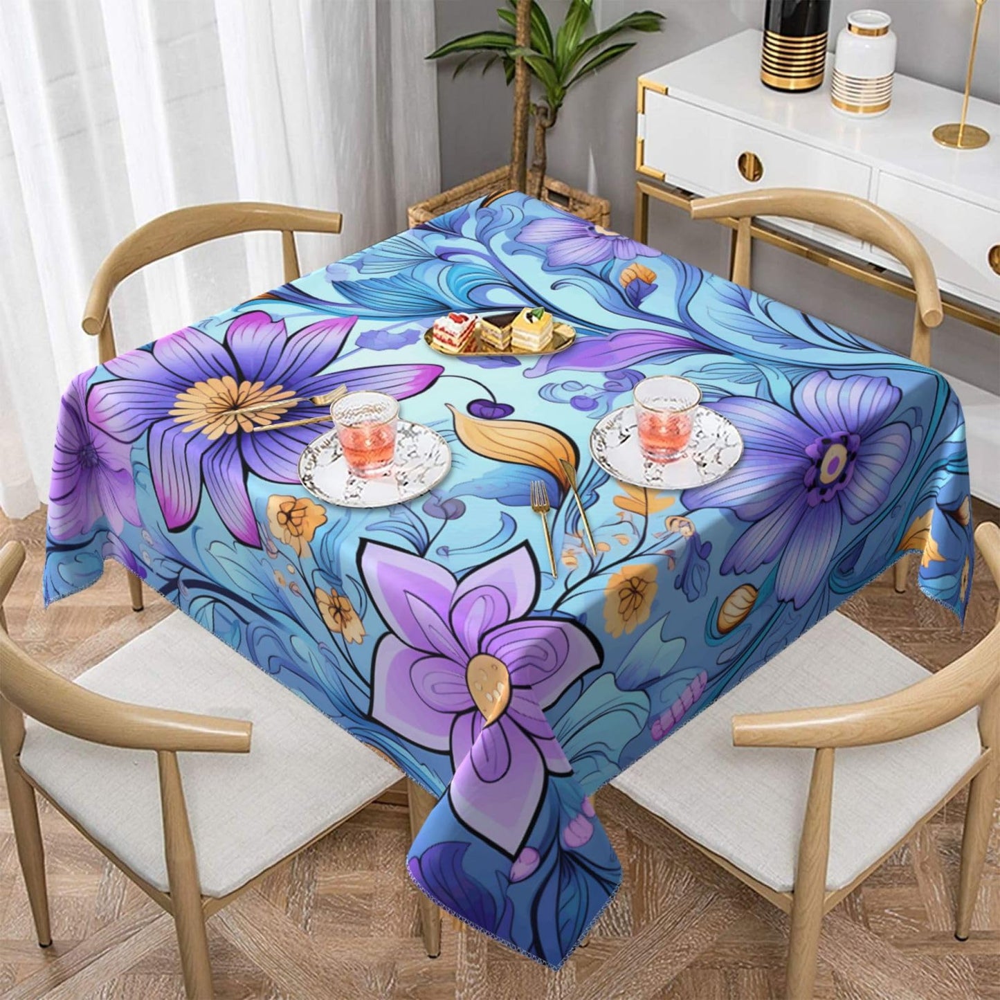 Entemne Square Table Cloth 55x55 Inch Purple Floral Pattern Tablecloth Washable Soft Wrinkle Free Dust Proof Card Table Cover for Tea Party Picnic Kitchen Dining Decor