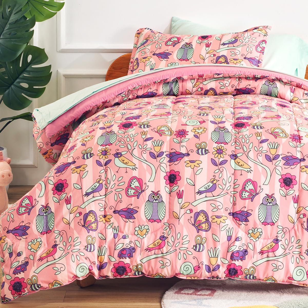SLEEP ZONE Kids Bedding Comforter Set Twin Size Super Cute Soft Kids Bed in a Bag 5 Pieces with Comforter, Sheet, Pillowcase and Sham, Garden Secret