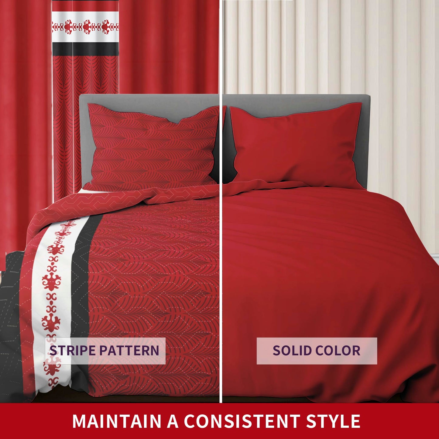 Deepsleep Queen Bedspread Set 9 Pieces, All Season Luxury Bed in a Bag for Bedroom, with 2 Pillowcases and 6 Curtains, Microfiber for Complete Bedroom Decor, Black and Red Stripes