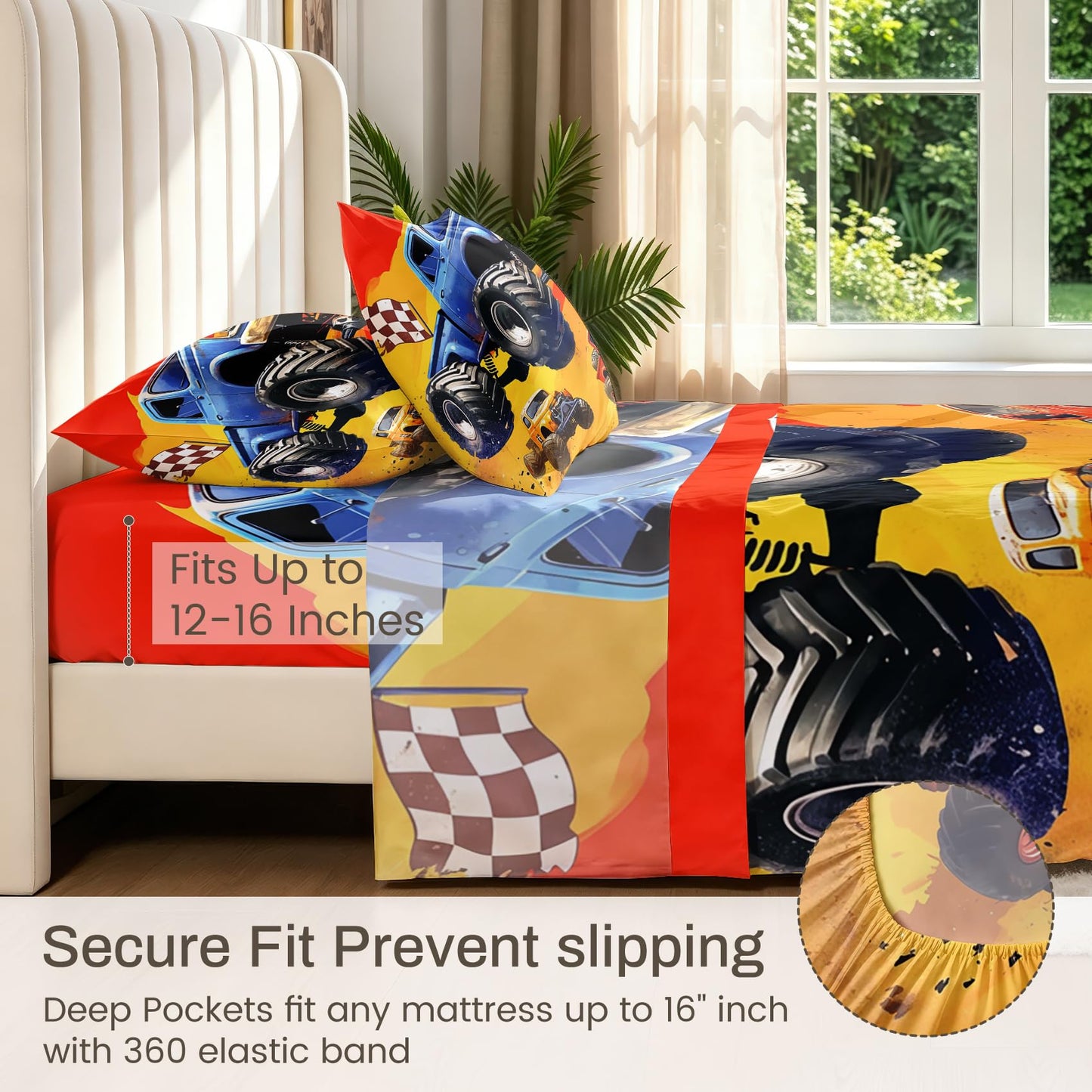 Monster Truck Bedding Set 4 Pcs Boys Queen Sheets, Blue