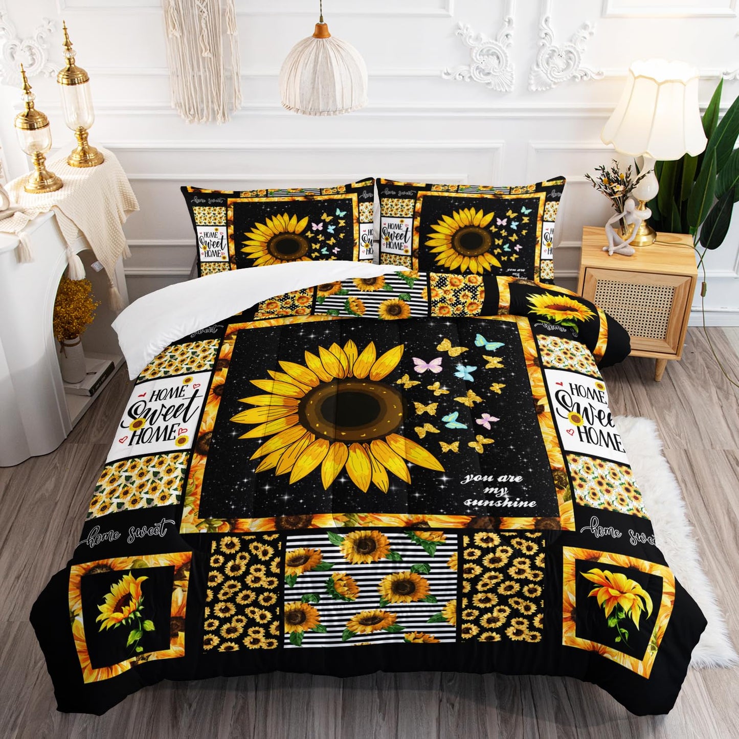 AILONEN Sunflower Comforter Set Queen Size, Modern Sunflower Pattern Bedding Set for Boys Girls Gifts,Yellow Botanical Floral Comforter Set 3 Pieces, 1 Quilt and 2 Pillowcases