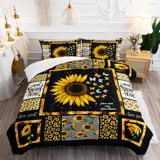 AILONEN Sunflower Comforter Set Queen Size, Modern Sunflower Pattern Bedding Set for Boys Girls Gifts,Yellow Botanical Floral Comforter Set 3 Pieces, 1 Quilt and 2 Pillowcases