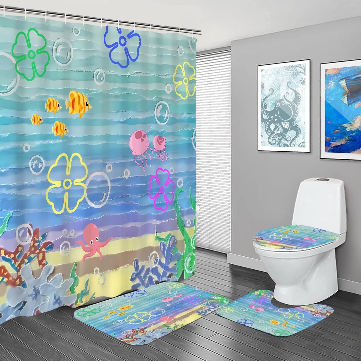 Yddsky 4Pcs Kids Ocean Cartoon Shower Curtain Set with Non-Slip Rugs, Toilet Lid Cover & Bath Mat, Waterproof Underwater Bathroom Decor Sets, Cute Marine Life Bathroom Accessories for Kids Bathroom