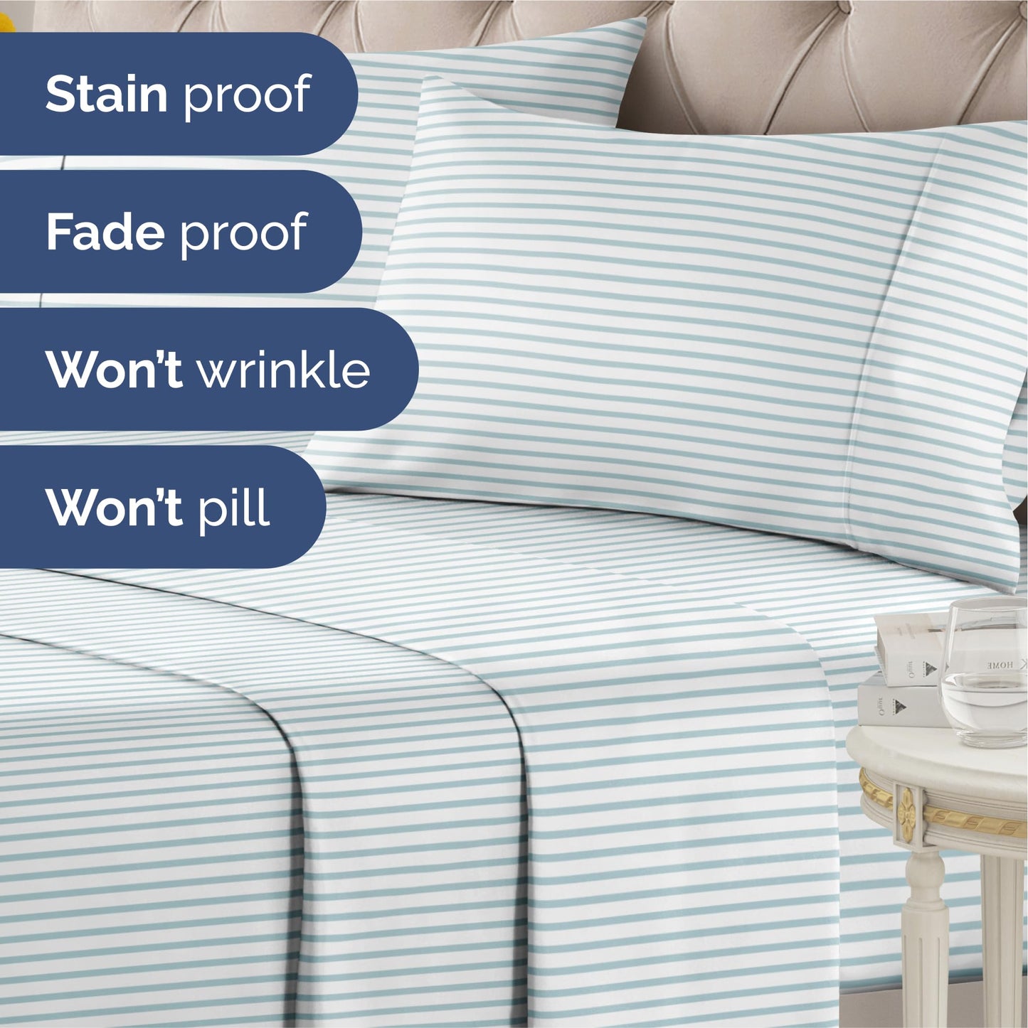Striped Sheets - Blue & White Striped Sheets - 1 Flat & 1 Fitted & 2 Pillowcases w/ Deep Pockets – Wrinkle & Fade Free - Ultra-Soft, Breathable and Cooling - Luxury Pinstripe Bedding - Queen Size Set