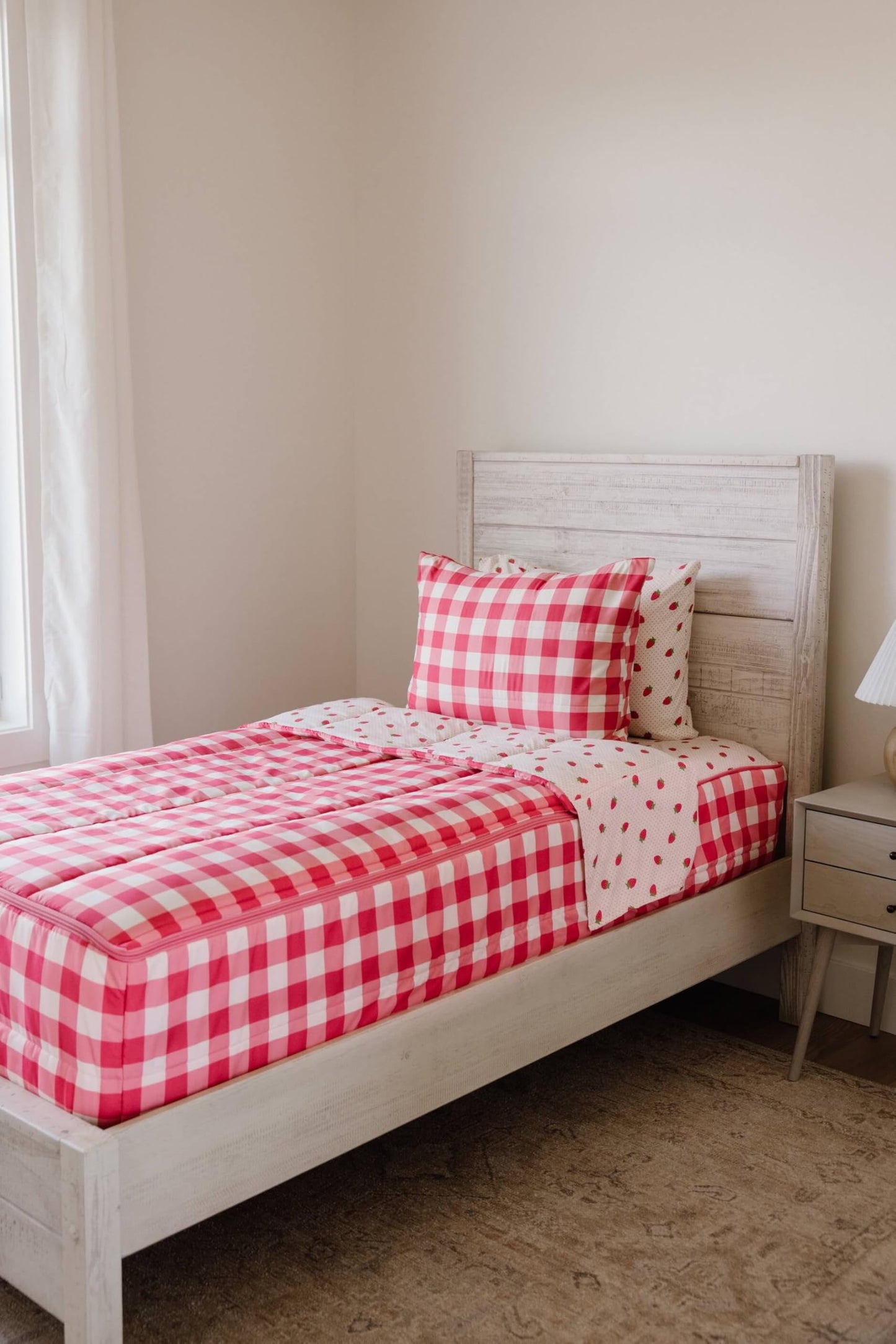 Beddy's Gingham & Strawberries Durable Zipper Bedding for Kids - Bed in a Bag - Dark Pink Gingham Comforter with Strawbery Sheets - Includes Pillowcase & Sham - Easy to Make & Wash - Twin