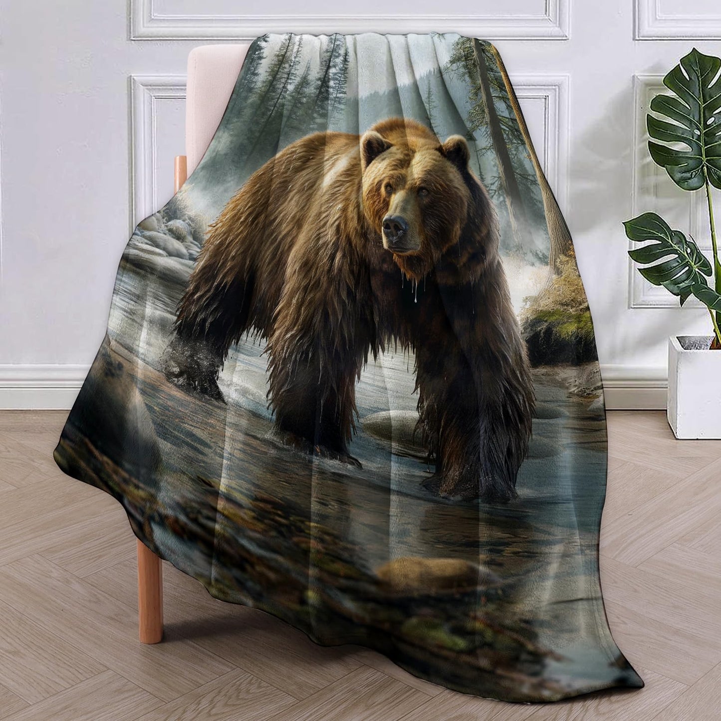 VANZEV Brown Bear in Misty Forest Flannel Blanket,Realistic Wildlife Soft Lightweight Throw Blankets Gifts for Women Nature Lovers,60" x 80" Perfect for Couch Bed Home Travel Decor