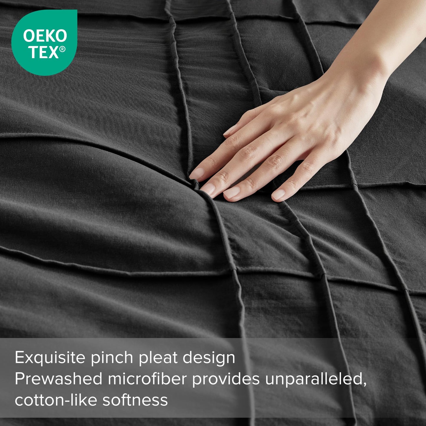 Comfort Spaces Black King Size Comforter Set - 3-Piece Pintuck Pleated Bedding Set, All Season Lightweight, Extra Soft Pre-Washed Microfiber, Shams