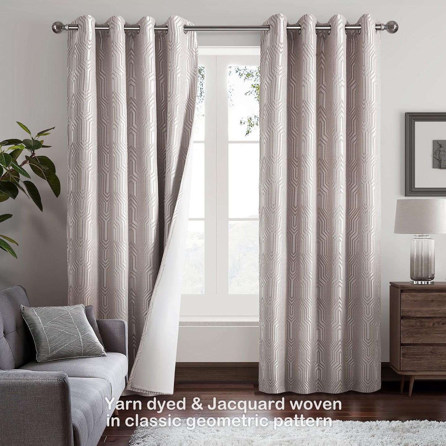 Drapexpert Mocha and Silvery 100% Blackout Curtains 96 Inch Length 2 Panels, Jacquard Thermal Insulated Noise Reducing Grommet Drapes for Bedroom Living Room, 2pcs, 52" W x96 L