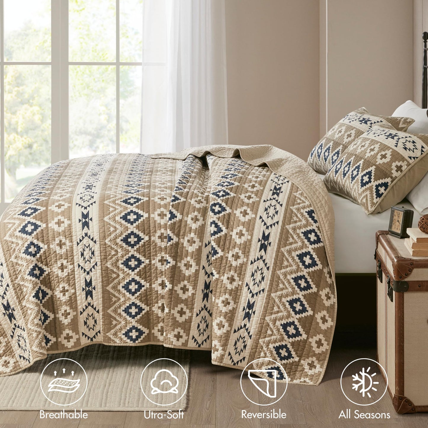 Woolrich Reversible Quilt Cabin Lifestyle Design - All Season, Breathable Coverlet Bedspread Bedding Set, Matching Shams, Oversized Full/Queen, Montana Tribal Tan 3 Piece