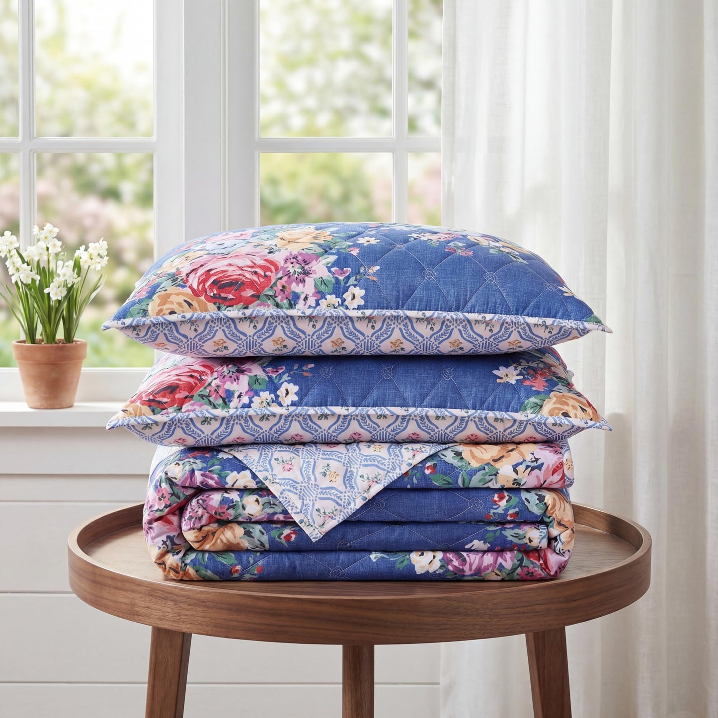 WRENSONGE Floral Quilt Set Queen Size, 3 Piece Reversible Lightweight Soft Bedspread Coverlet, Garden Farmhouse Botanical Diamond Stitched Bedding Set with 2 Pillow Shams for All Seasons