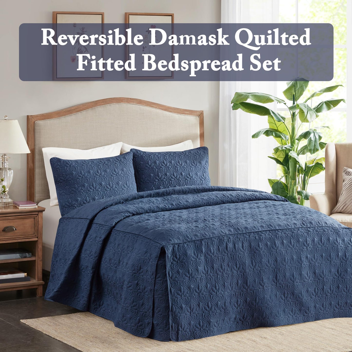 Madison Park Quebec Split Corner Quilted Bedspread Classic Traditional Design All Season, Lightweight, Bedding Set, Matching Shams, Queen, Damask Quilted Navy 3 Piece