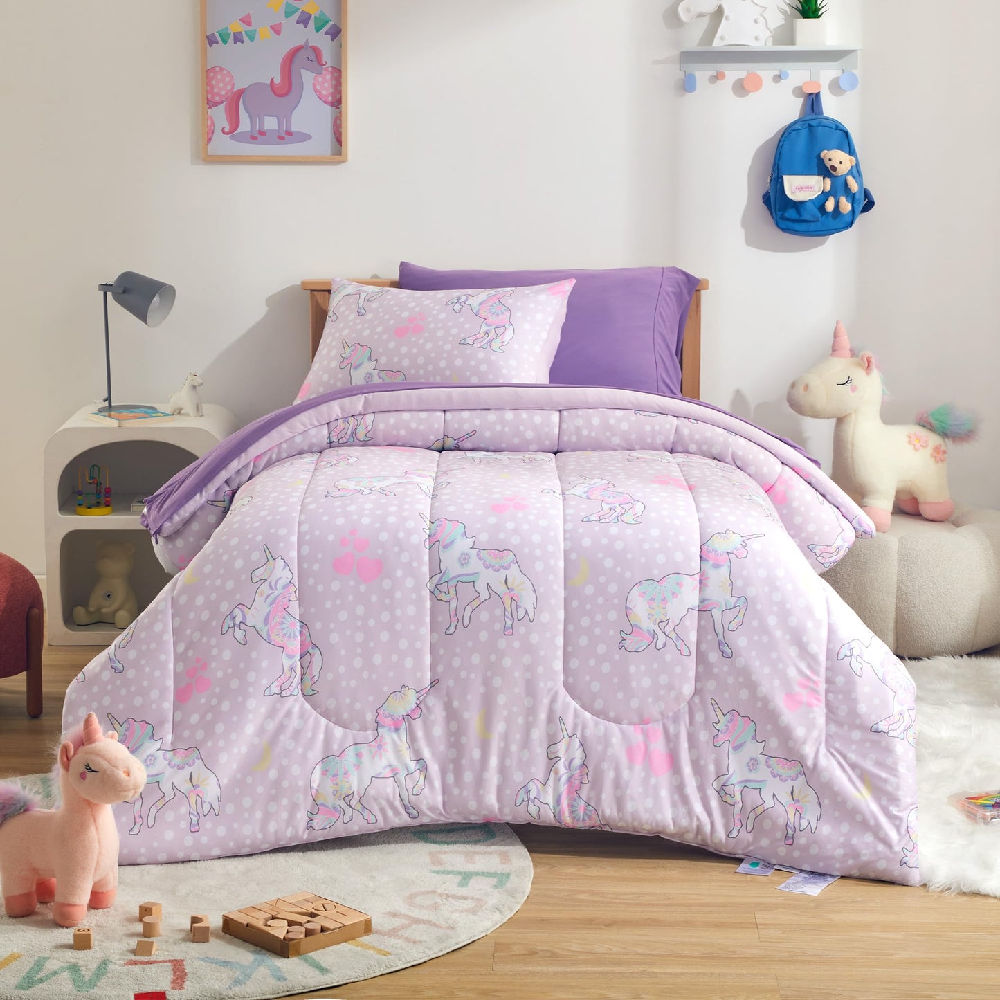 SLEEP ZONE Kids Comforter Set Full/Queen Size, Jersey Knit 7 Pieces Bedding, Super Soft and Breathable Comforter with Sheets, Pillowcases (Purple Unicorns)