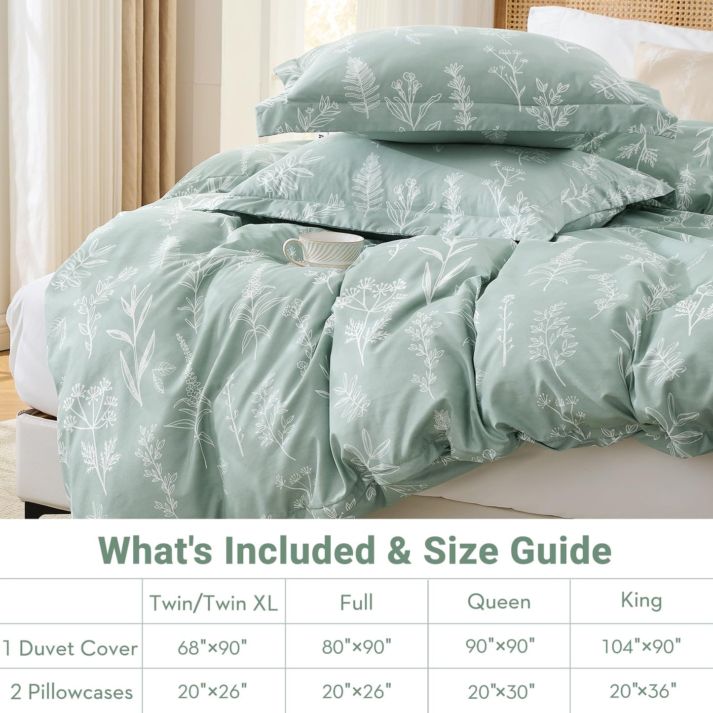MUXHOMO Duvet Cover Queen Size, Reversible Floral Green Duvet Cover Set with Zipper Closure, 3 Pieces Botanical Patterns Soft Microfiber Bedding Set with 4 Ties (90"x90", 2 Pillow Cases)
