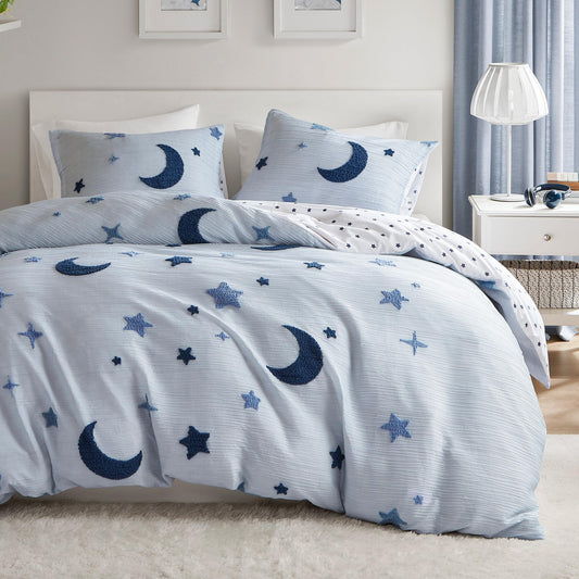 Intelligent Design Kids Cosmos Full Size Duvet Set – Blue Star and Moon Tufted Chenille, Reversible 3-Piece Bedding with Star Pillow, Full/Queen