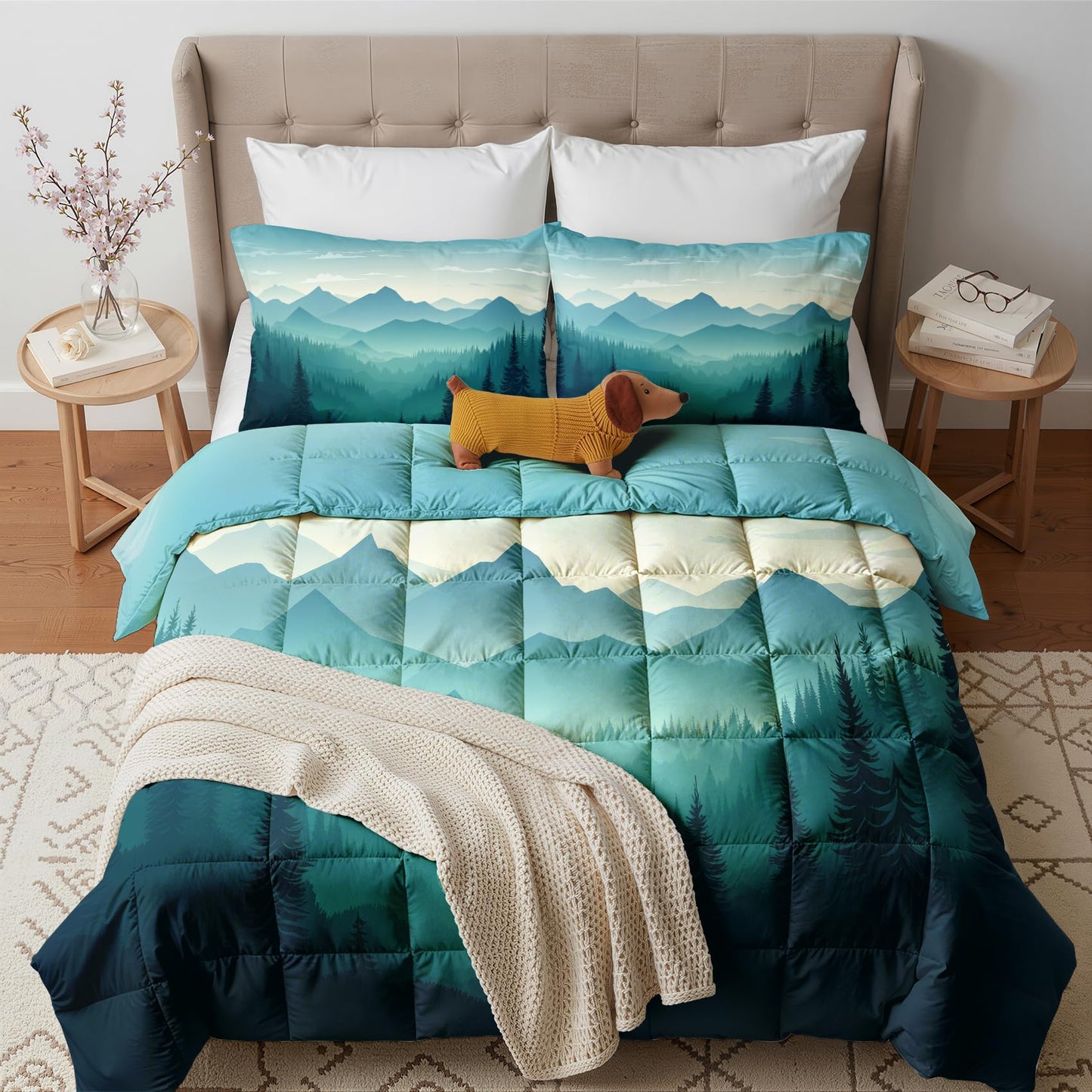 Misty Forest Comforter Set Queen Size 3 Pcs - All Season Duvet Insert & 2 Pillowcases, Mountain Bedding Set, Soft Lightweight Down Alternative Comforter, Landscape Bedroom Decor