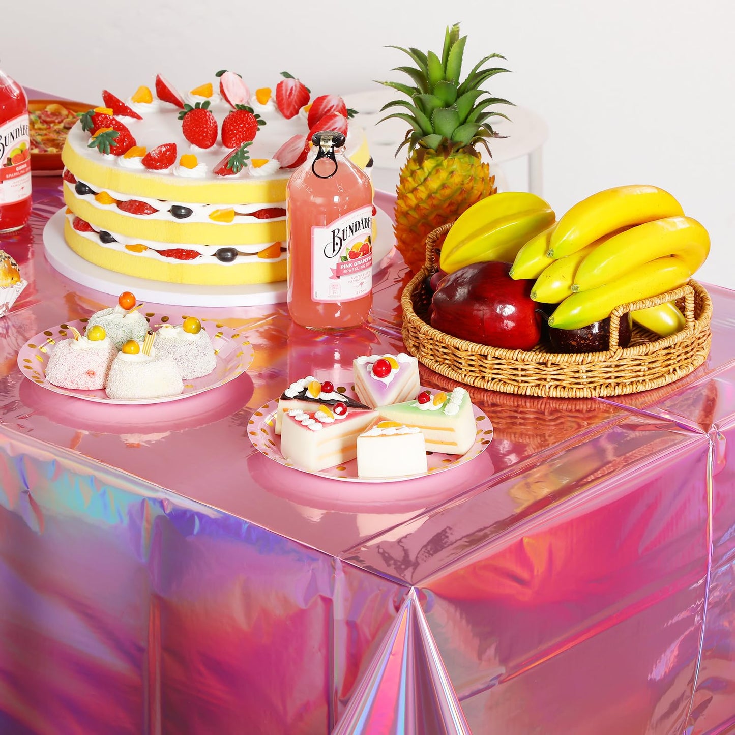 4 Pack Iridescent Pink Plastic Tablecloths, FunnyPars Shiny Disposable Laser Rectangle Table Covers, Holographic Foil Tablecloth Iridescent Party Decorations for Kpop Birthday Wedding Xmas, 54x108Inch