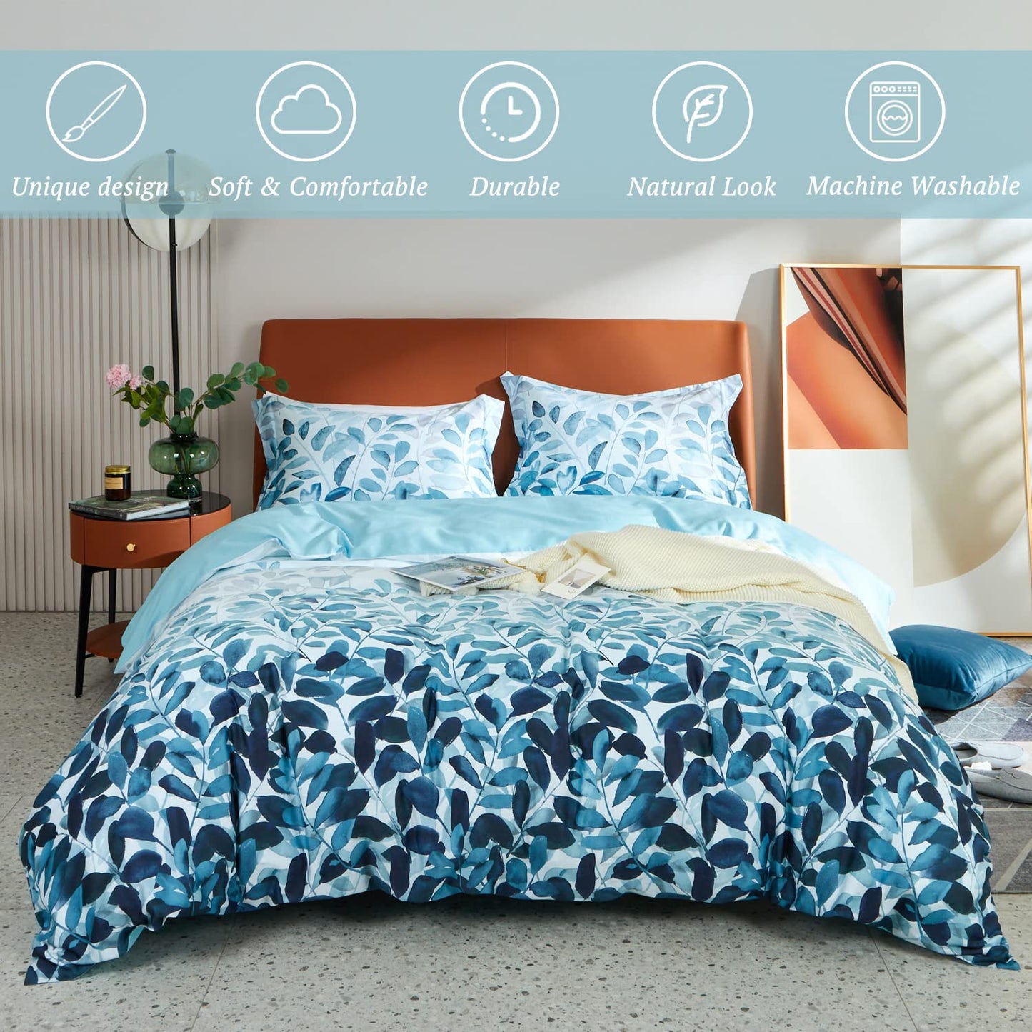 MILDLY 100% Long Staple Cotton Duvet Cover Set Navy Blue Leaves Printed Comforter Cover Set