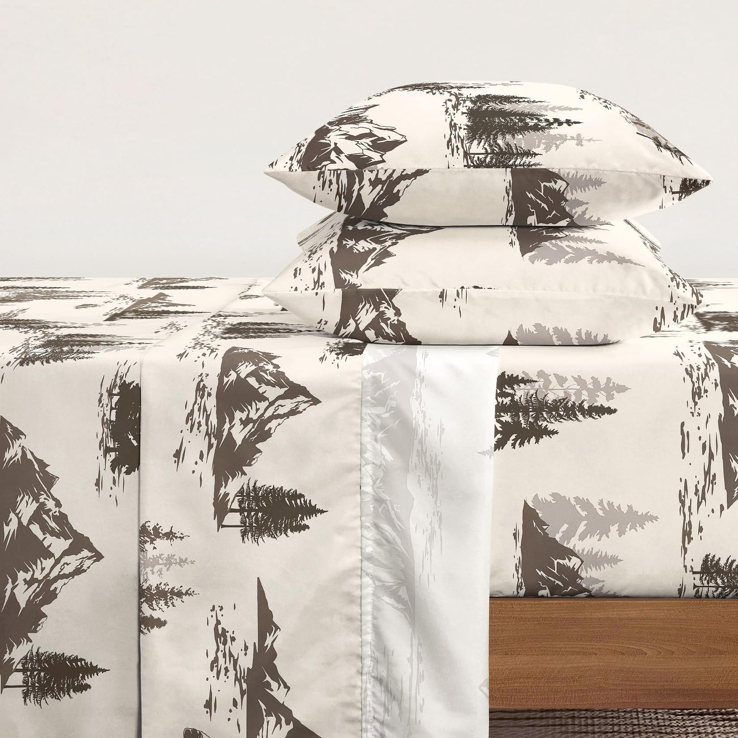 Wake In Cloud - Rustic Bed Sheets, 4-Piece Sheet Set, Cabin Forest Woodland Camping Theme with Lodge Mountain Pattern Printed Bedding, Deep Pocket, Beige Brown, Queen Size