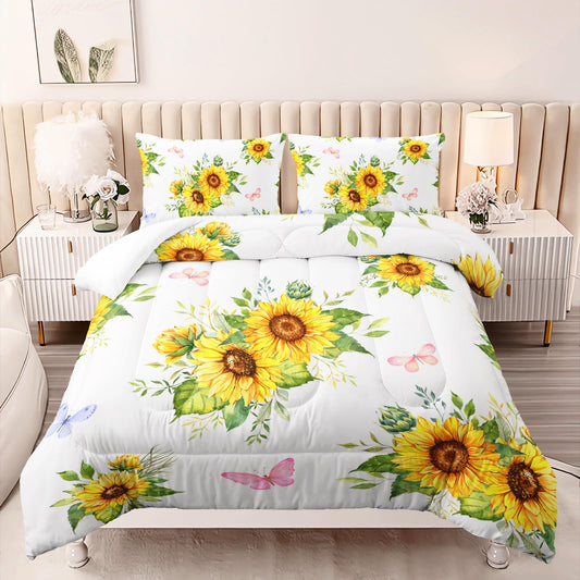 Nttopship Sunflower Comforter Sets,Floral Botanical 3-Pieces Microfiber Bedding Quilt for Girls Teens,Decorative Bedding Comforter Sets with 2 Pillow Shams, Full Size