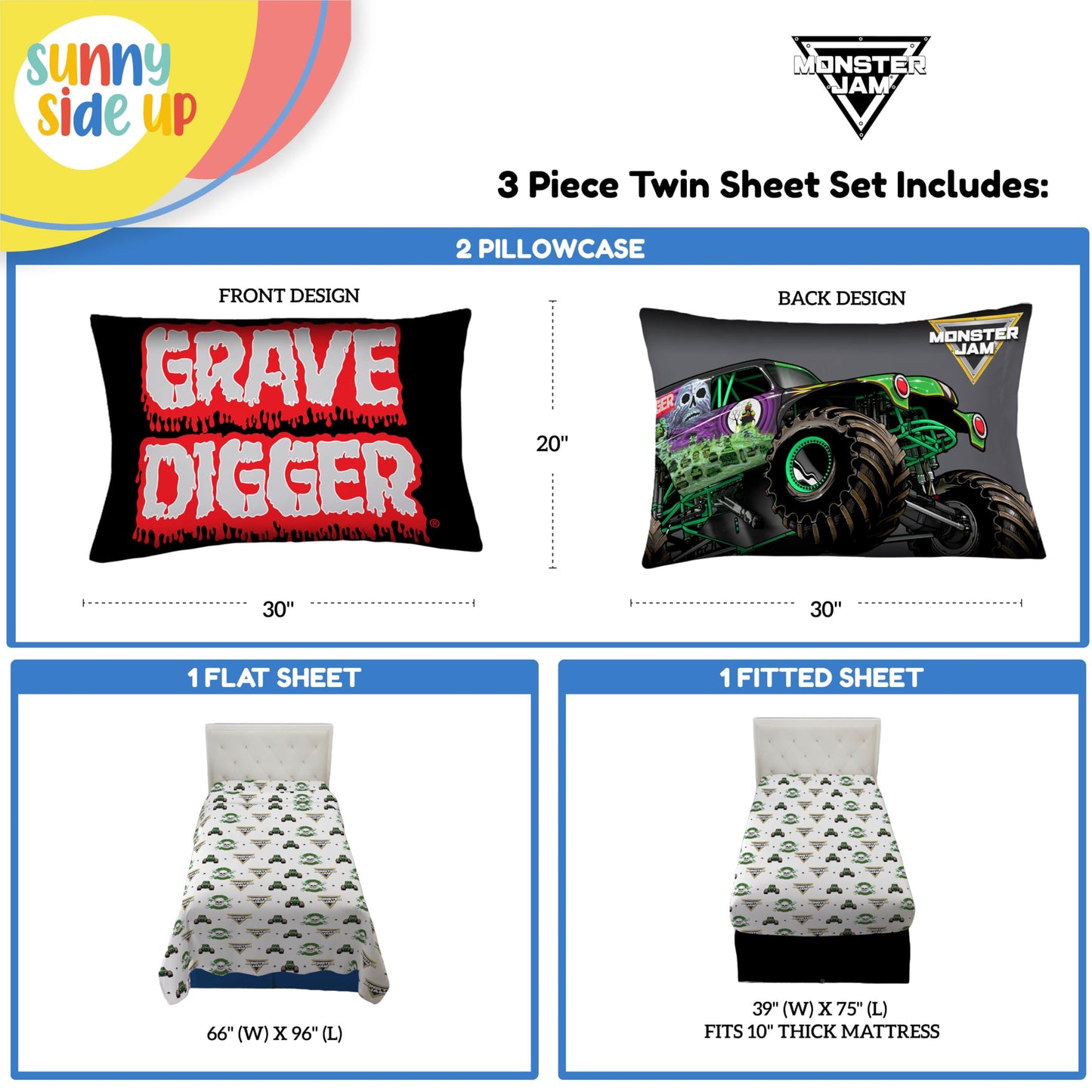 Sunny Side Up Monster Jam Grave Digger Twin Sheet Set - 3 Piece Kids Bedding Set Includes Pillow Cover - Super Soft Microfiber Sheets