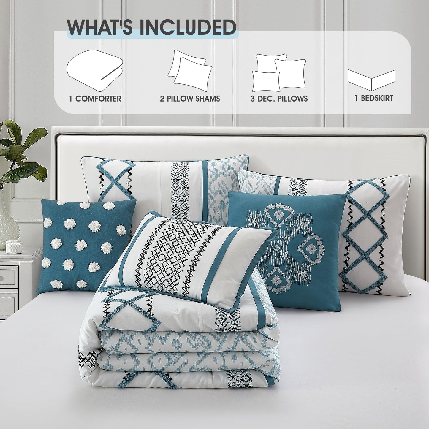 LANCO MODERN LIFESTYLE Blue Queen Comforter Set, 7 Pieces All Season Bedding Sets in a Bag with Geometric Terry Embroidered Comforter, Bed Skirt, Pillow Shams and Decorative Pillows