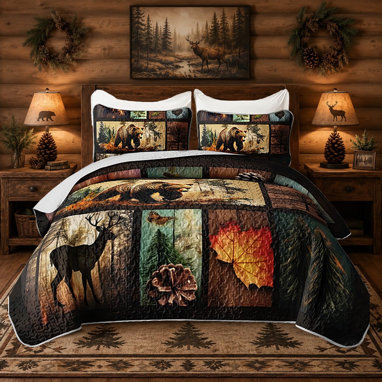 HOSIMA King Size Quilt,Deer Bear Print Forest Bedding Sets for Hunting Room Decor,Pine Cone Pattern Brown Hunting Themed Plaid Patchwork Bedding Quilts with 2 Pillowcases.