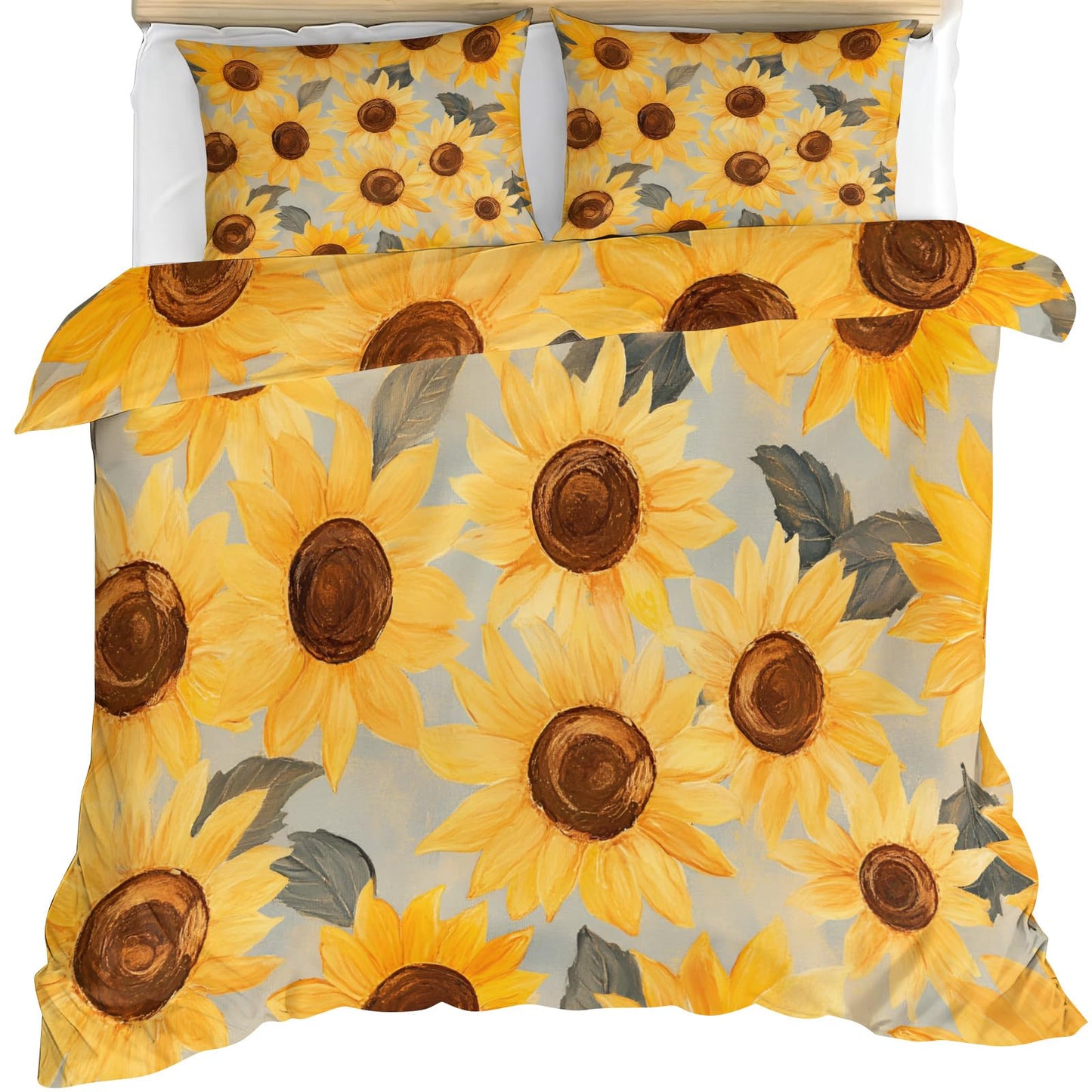 PAISUOQ Sunflowers Duvet Cover Queen Size, Rustic Florals Bedding Sets, 3 Piece, Soft Microfiber Patterned Comforter Cover with Zipper Ties & 2 Pillowcase, Countryside Bedroom Decor & Gifts